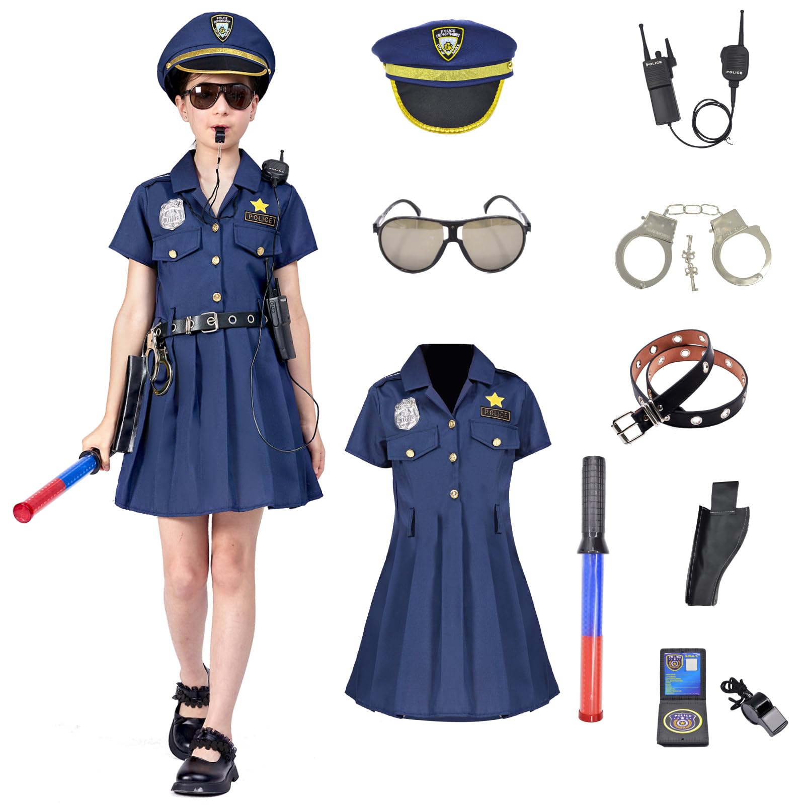 ZUCOSDeluxe Polizist Kostüm Rollenspiel Kit für Kinder Halloween Carnaval Geburtstag Weihnachten Geschenke Kleid Set