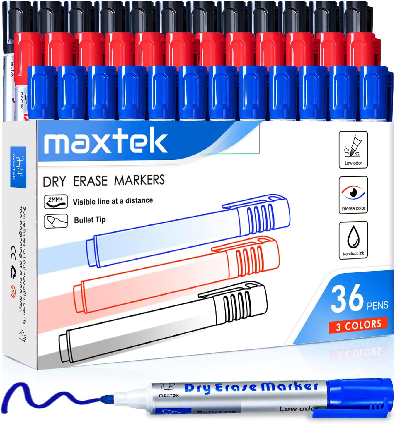Whiteboard Pens Markers, 36 Count Whiteboard Markers Pens Erasable, Bullet Tip Black Blue Red 3 Assorted Colors, 2-3mm, Office & Classroom Teaching Supplies