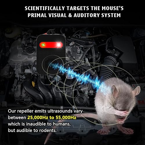 Miniatura 4 de Angveirt Repelente de roedores para debajo del capó, funciona con pilas, repelente ultrasónico de ratones para autos, disuasorio de ratones para