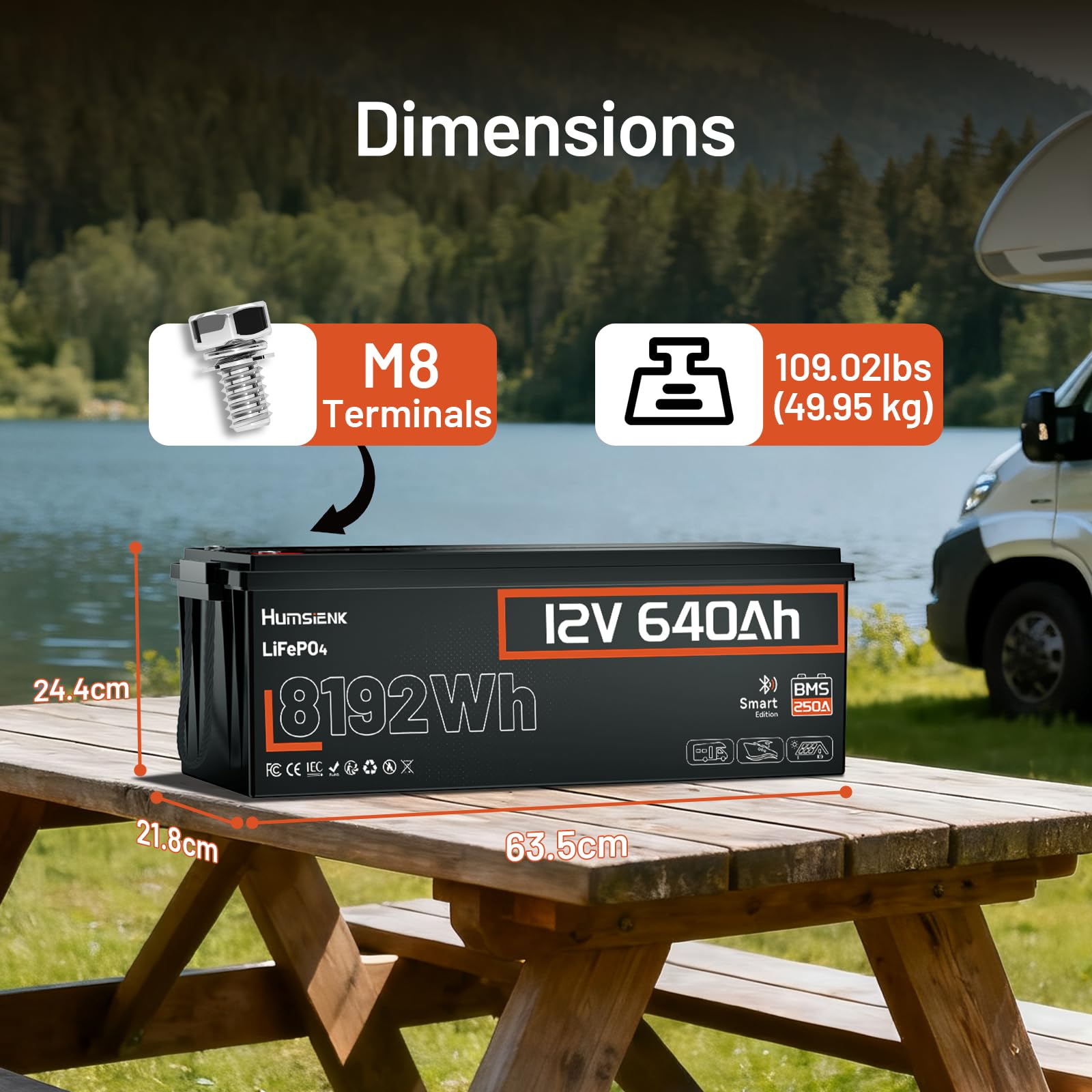 Humsienk Bluetooth Batterie Lithium 12V 640Ah LiFePO4 avec 250A BMS Protection, Plus de 6000 Cycles,8192 Wh,pour Camping-Car, Marine, Installation Solaire, Système Hors Réseau,Alimentation de Secours