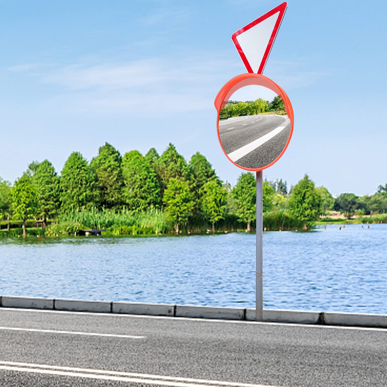 Specchio Convesso di Sicurezza Stradale, 30cm, Circolare, Arancione, con Copertura Antipioggia, per Interni ed Esterni