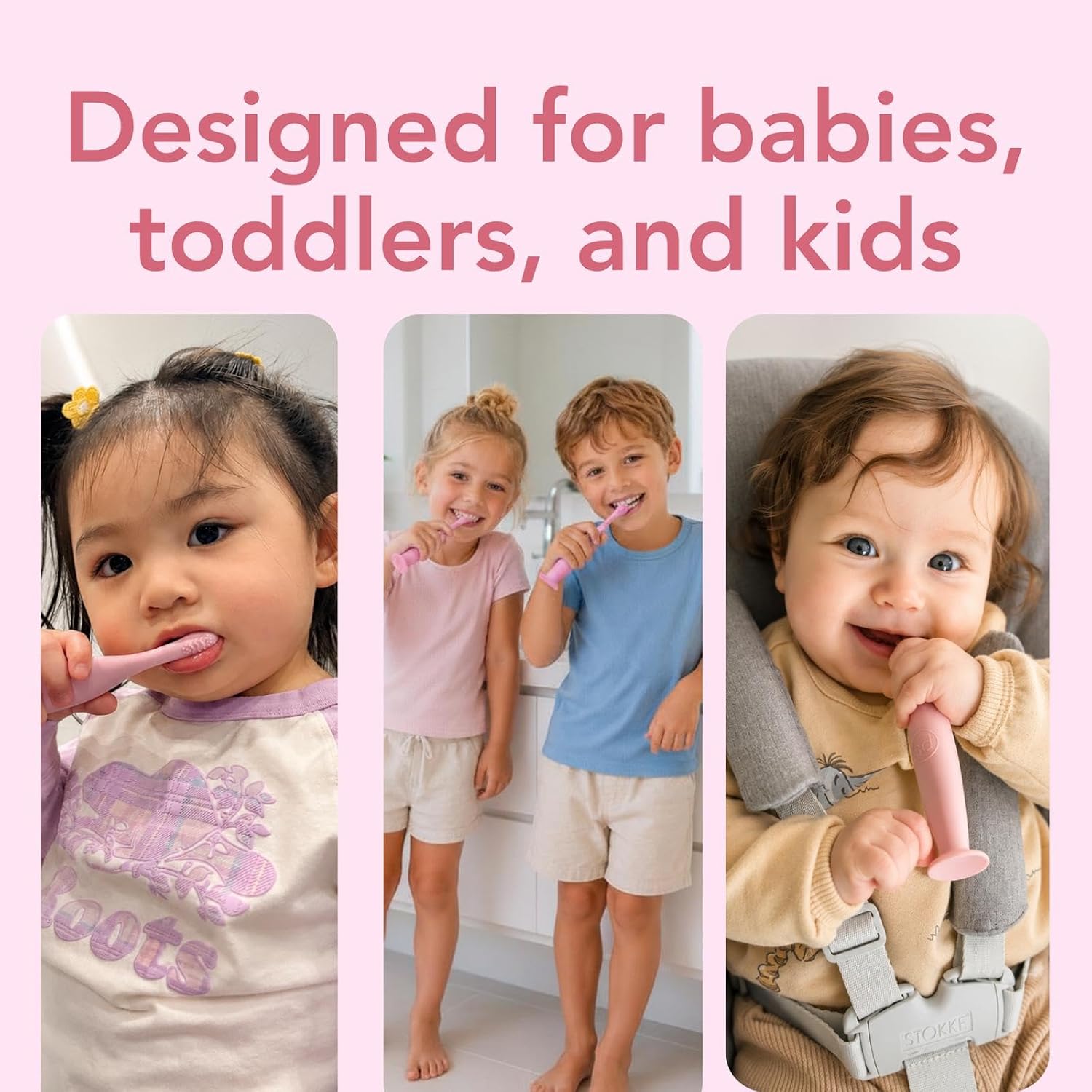 Toothbrush for Babies, Toddlers & Kids – Extra Soft 100% Silicone Toothbrush with Tongue Cleaner, Gentle Gum Care, Easy-Grip Handle (Pink)