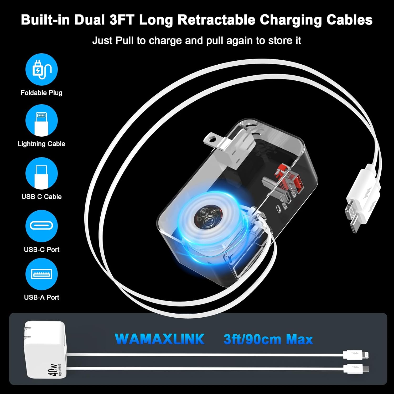 4-in-1 Retractable Wall Charger, 40W Retractable iPhone Charger Wall Plug with Dual 3ft Lightning + Type C Charging Cables, 4-Ports USB C Charger Foldable Block for iPhone 17 16 15 14 13 12 11 8 7