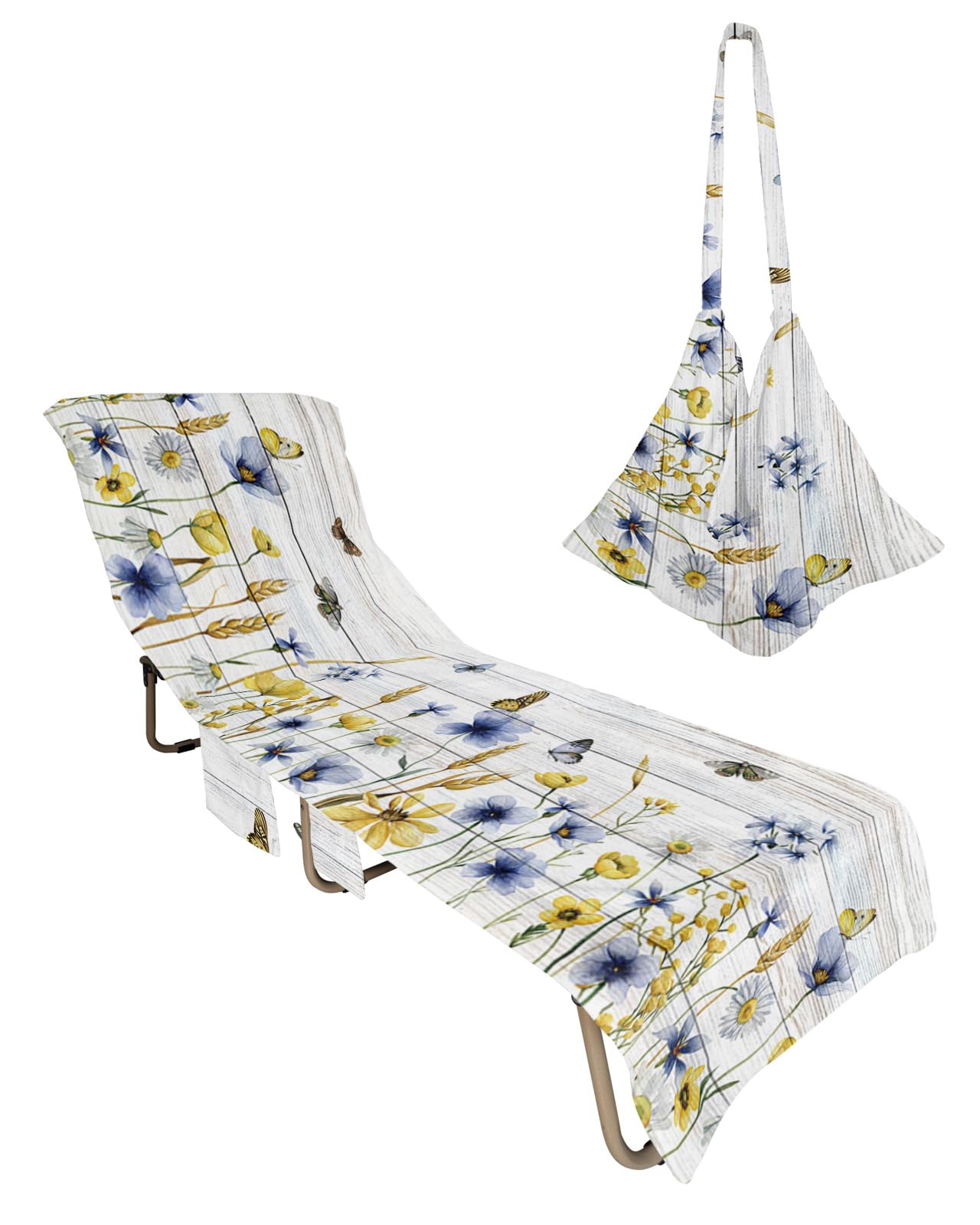 Butter-flt Flower, Beach Lounge Chair Towel Cover, Soft Chaise Lounge Towel with Side Pockets Patio Pool Chairs Cover for Beach/Pool Sunbathing 29x85 Autumn Leaves Blue Yellow Farmhouse