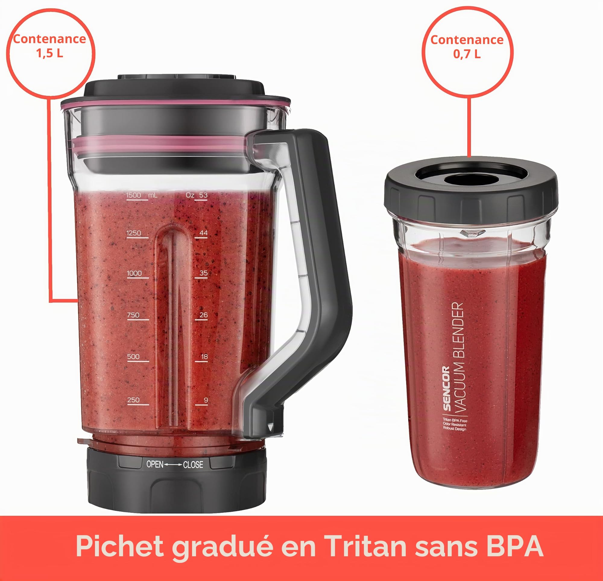SENCOR 7875RS SBU 7874RD Super Mixeur automatique sous vide 1500 W Smoothie, 8 lames en titane, 7 programmes, rose, plastique