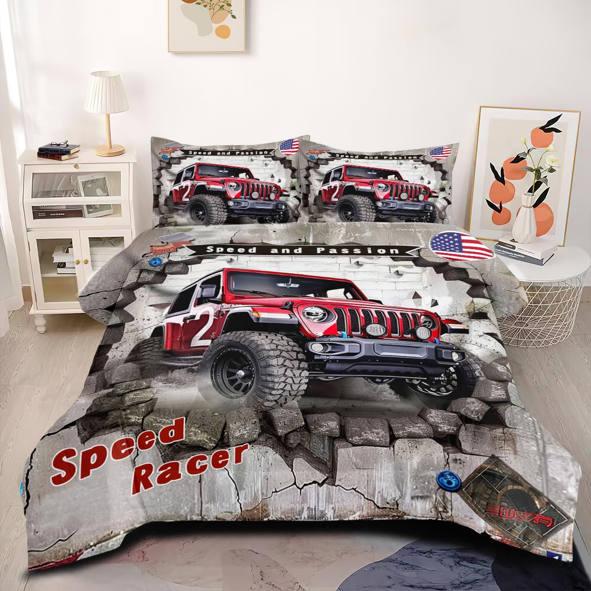 CCoutueChen Toddler Kids Car Comforter Bedding Set King Size Blue Monster Truck Bed Sets Abstract Stone Comforter Insert Cartoon Truck Car Bedding 3Pcs Soft Lightweight Comforter(Girls Women Adult)