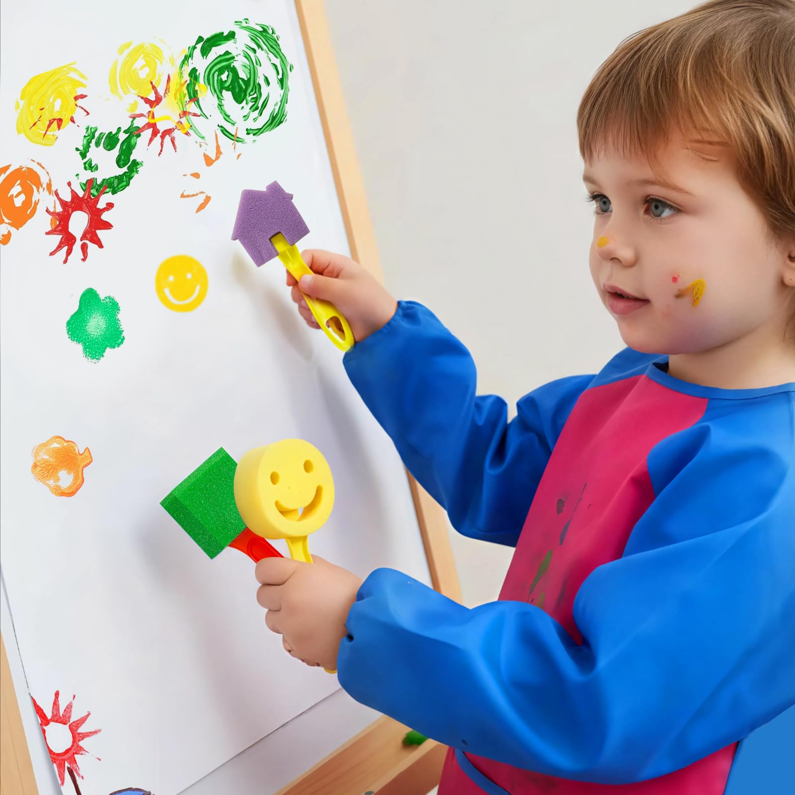 Lot de 51 pinceaux de peinture avec éponge Kit d'apprentissage pour enfants avec brosses en mousse Lot de pinceaux à motif, tablier étanche, etc.