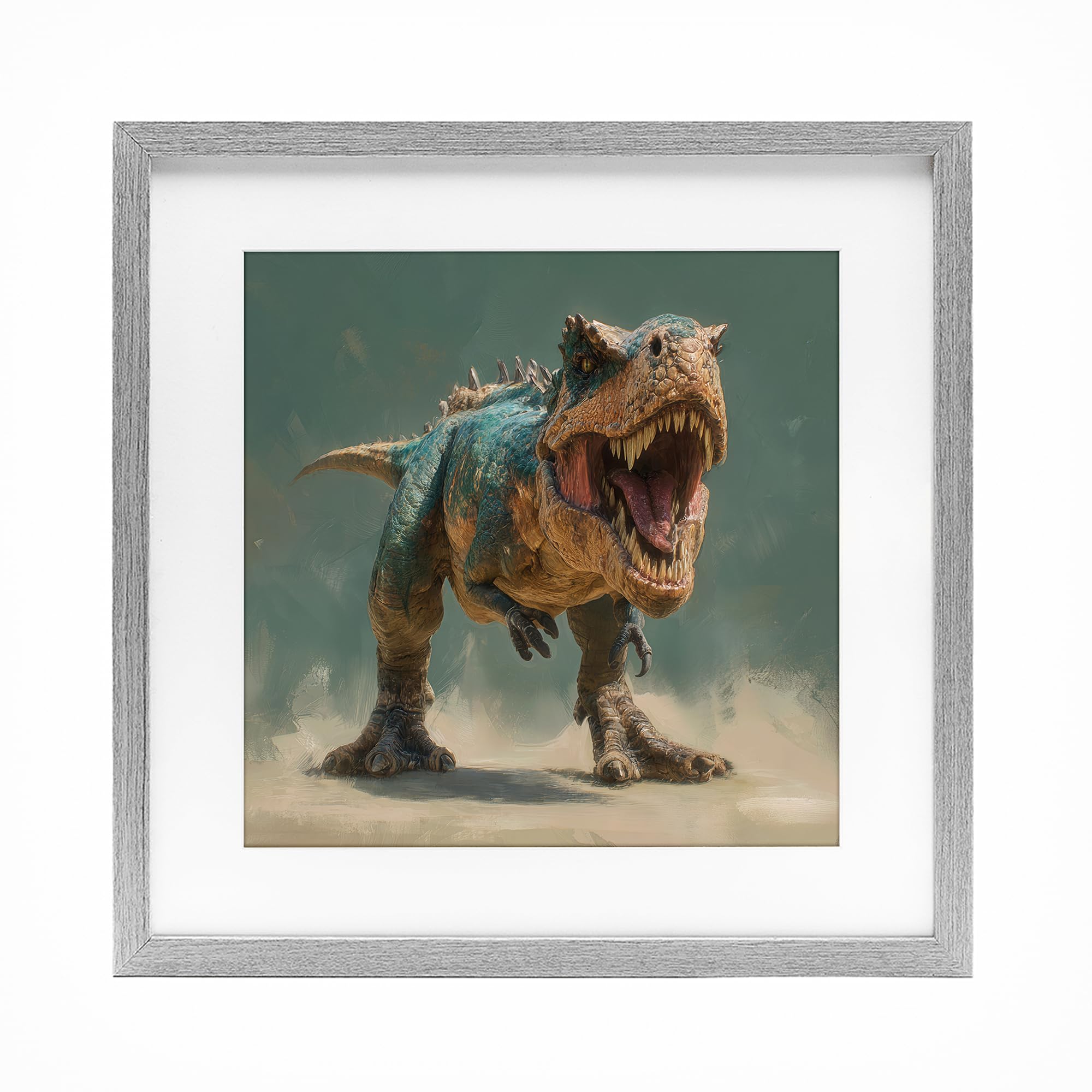 'Roaring T-Rex in Green'| Framed Print Under Glass