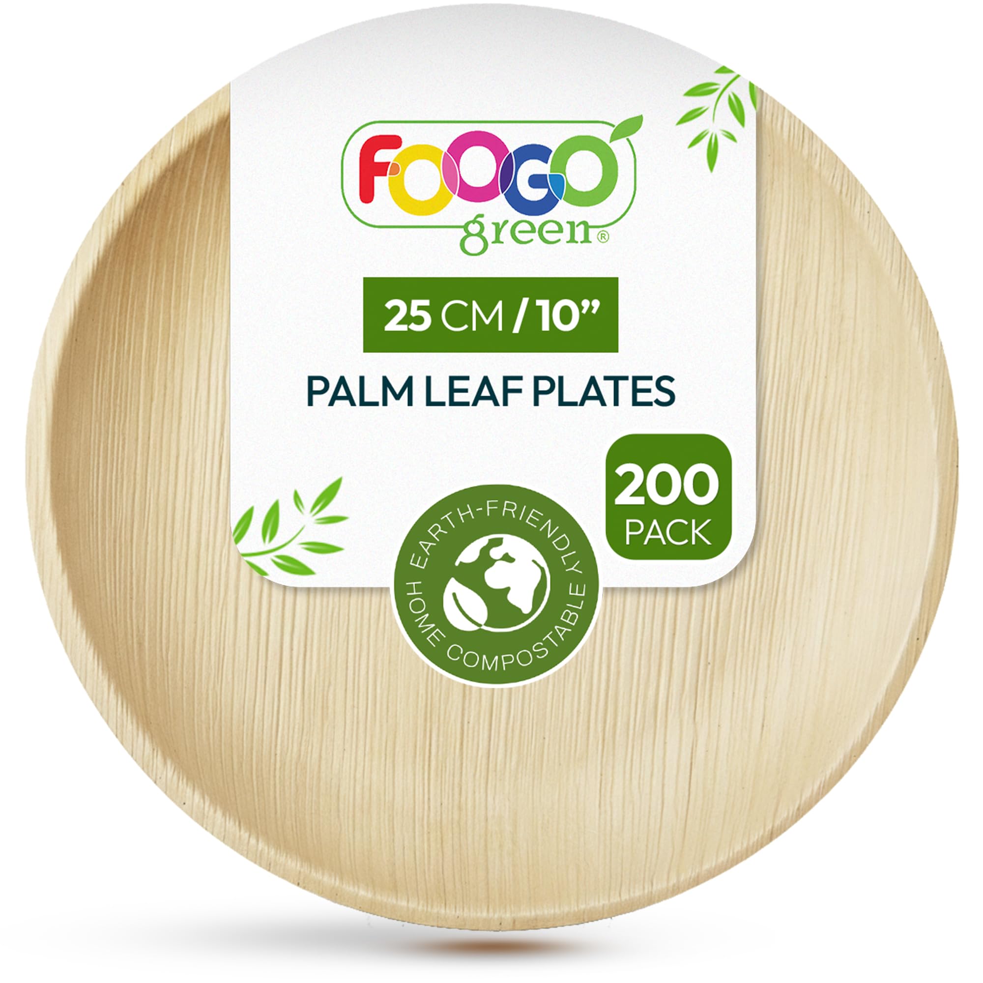 FOOGO Green 200pcs Disposable Palm Leaf Plates, 10"(25cm) Large Round, Eco Friendly Biodegradable Compostable Like Wooden, Bamboo, Paper Plates, for Hot Food, Wedding Picnic Parties