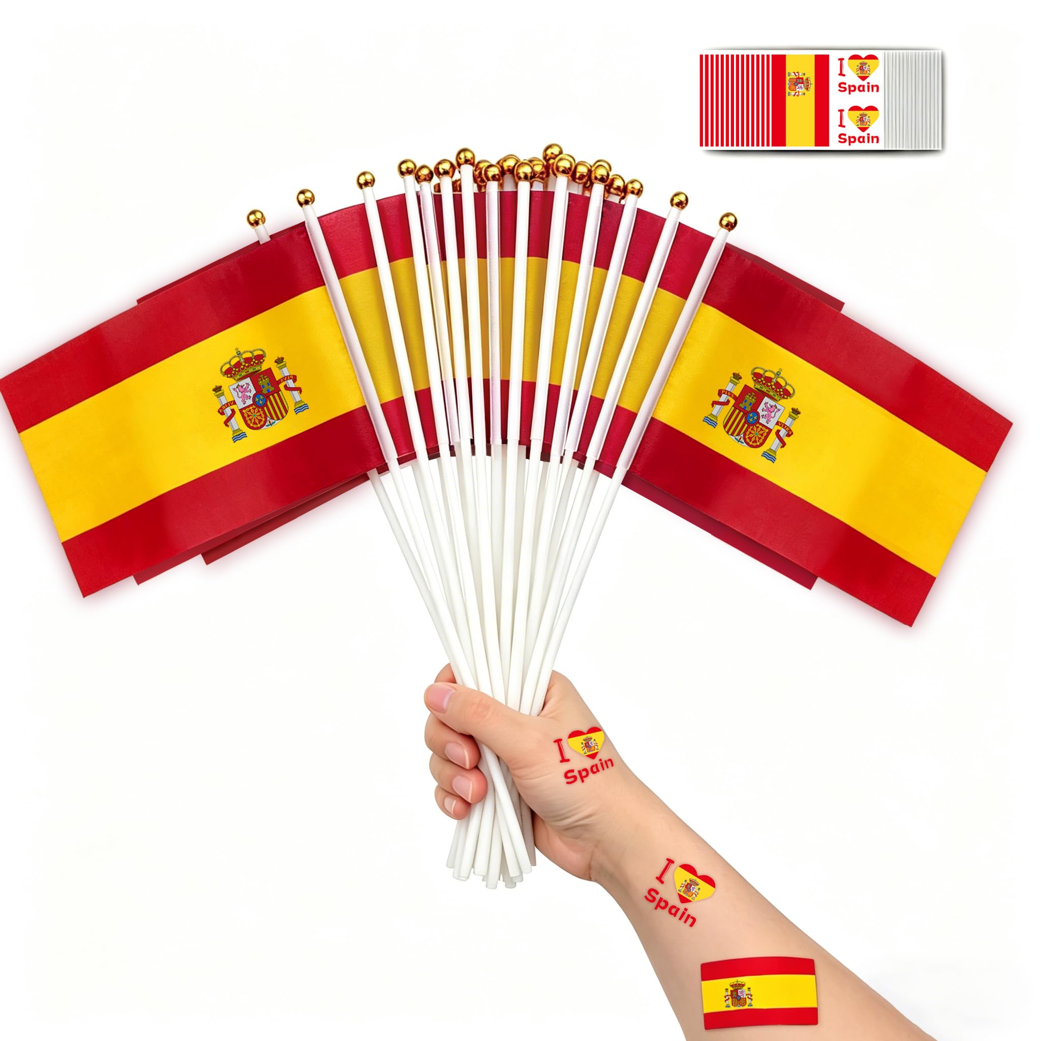 LIANRISES 30Pcs Mini Spanish Flag(14x21cm) & 30Sheets Spain Tattoo Stickers, used to Cheering Flags for World Cup, National Day, San Fermín Festival, Carnival and Holy Week, Bar, Football Party Decor