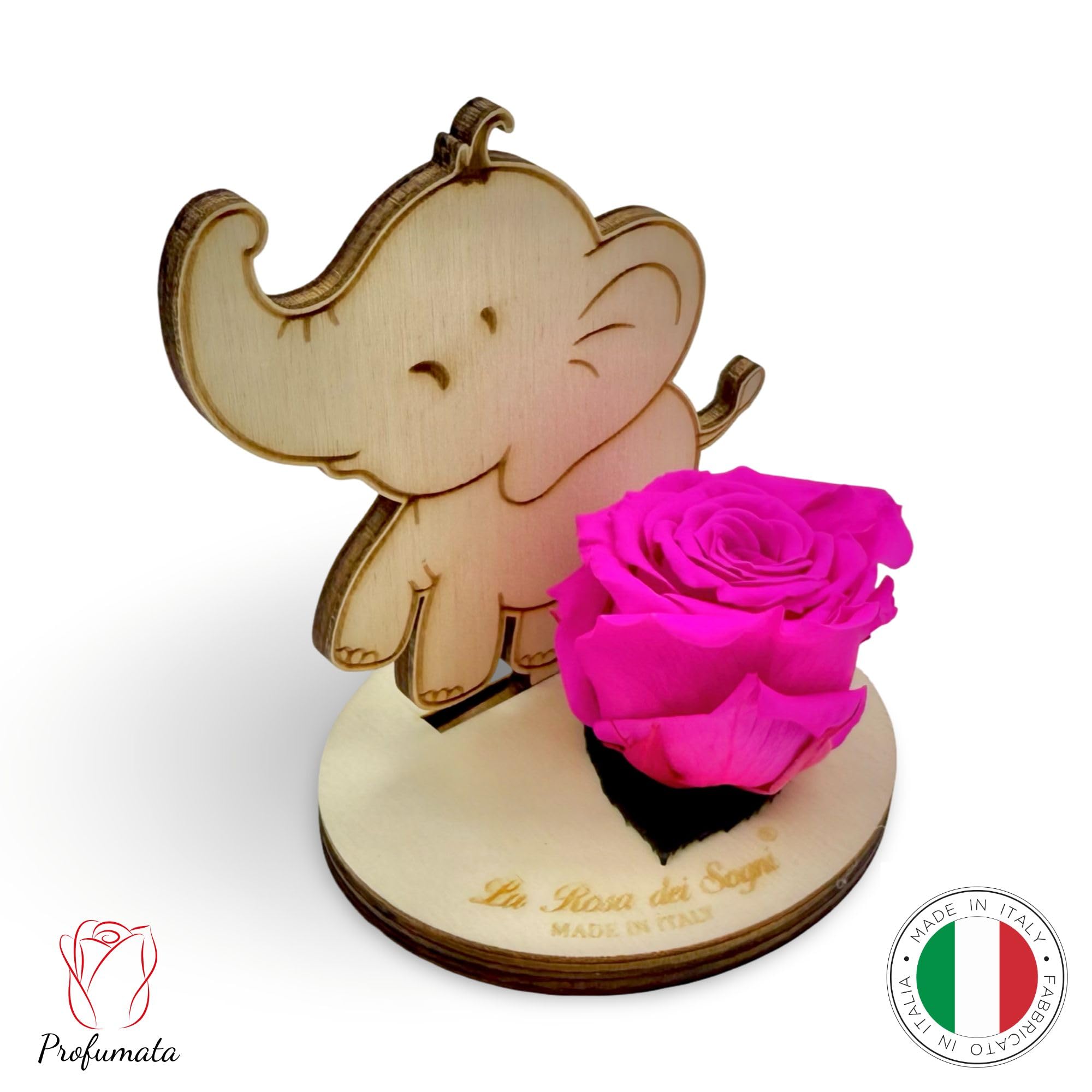 Rosa Stabilizzata con Elefantino in Legno Intaglio Laser – Fiore Naturale a Lunga Durata, Scatola Elegante – Made in Italy (Rosa)