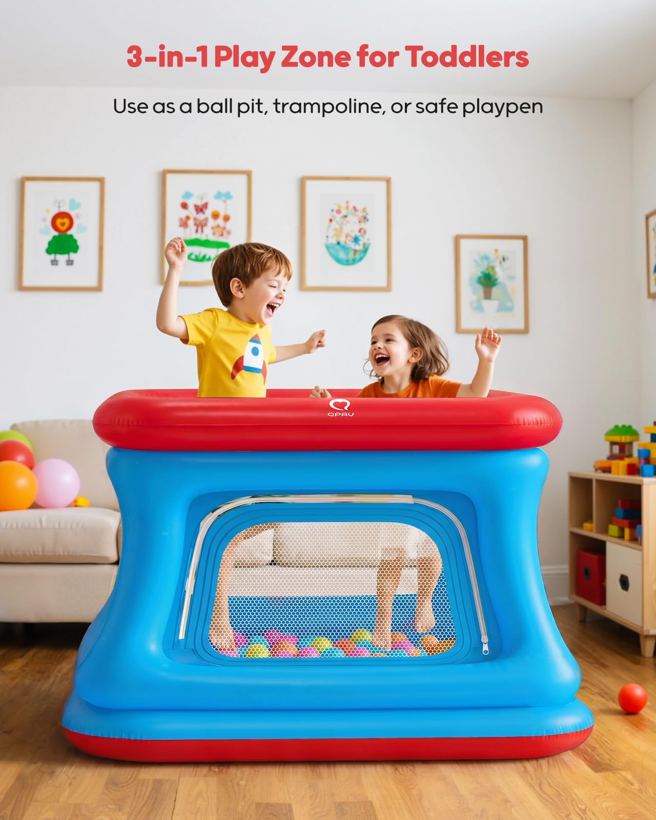 QPAU Piscina de bolas y trampolín 3 en 1 para niños pequeños, castillo hinchable con red de seguridad, juguete para exteriores para niños de 1 a 3 años, castillo hinchable para interiores, zona de