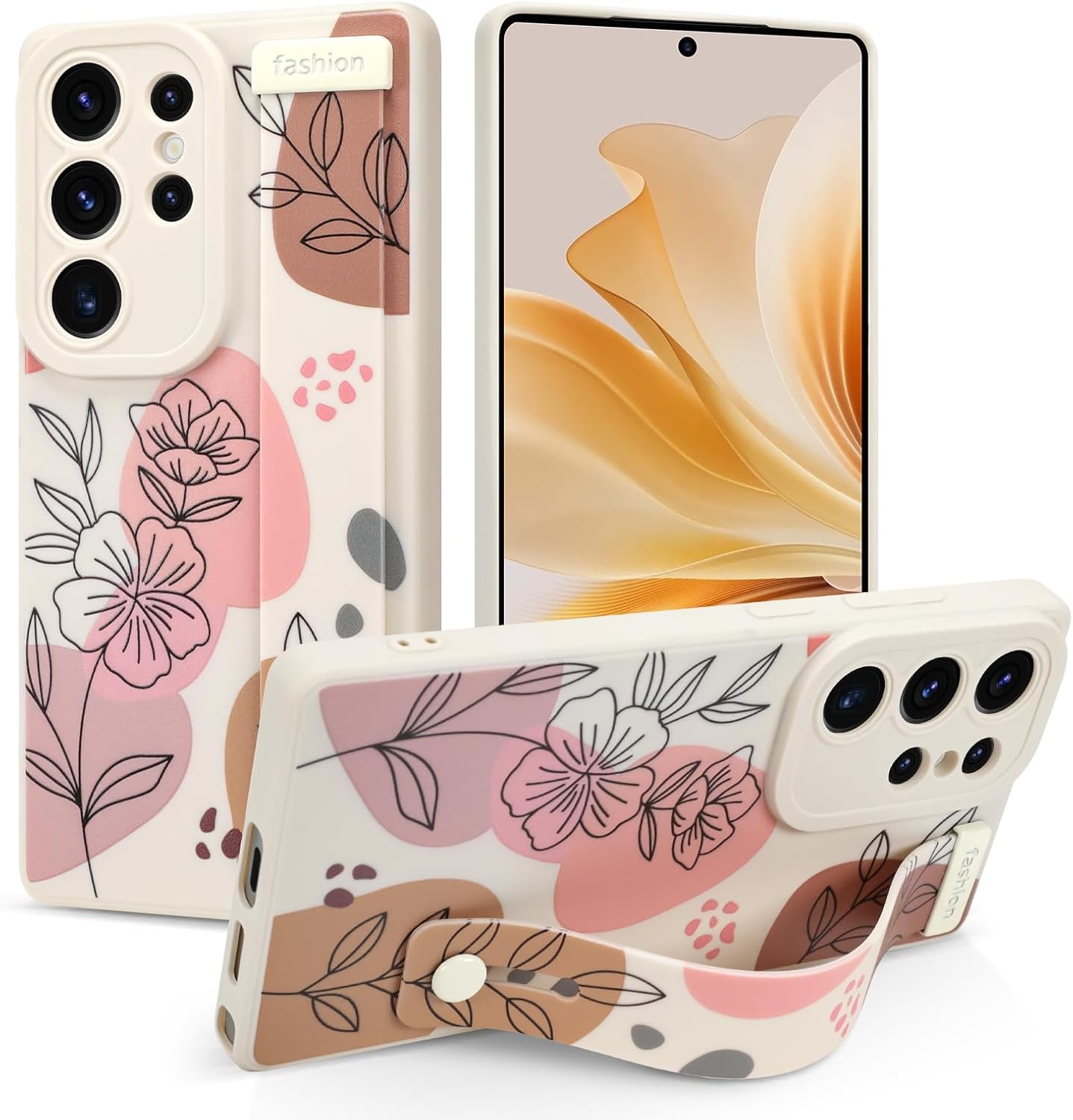 Case for Samsung Galaxy S25 Ultra 6.9 inch 2025 Released, Silicone Case with Strap for Women Girls Cute Floral Flowers Adjustable Wristband Kicktand Cover for S25 Ultra, Beige Flower