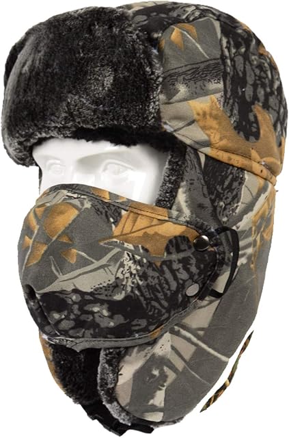 TAGVO Camouflage Trapper Hat Bomber Hat, Winter Warm Ear Flap Trooper Hat with Windproof Face Mask, Unisex Faux Fur Tactical Hunting Hat Ushanka Hat for Skiing Skating Outdoor Sport Activities