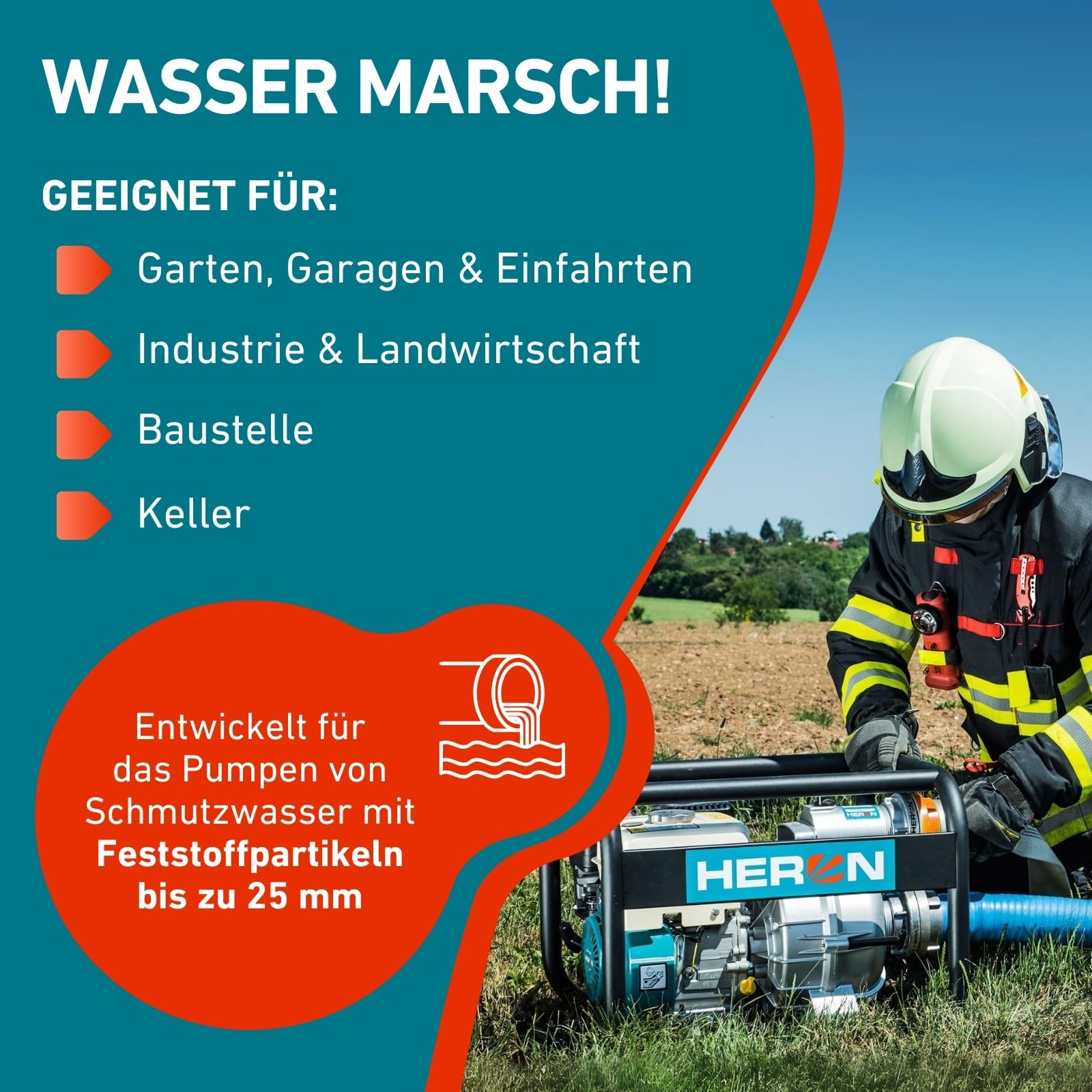 Heron Motorschlammpumpe 6,5 PS I Schmutzwasserpumpe mit 1300l/min Durchflusskapazität I Schlammpumpe zum Abpumpen von verunreinigtem Wasser aus Baugruben, überschwemmten Gebieten uvm