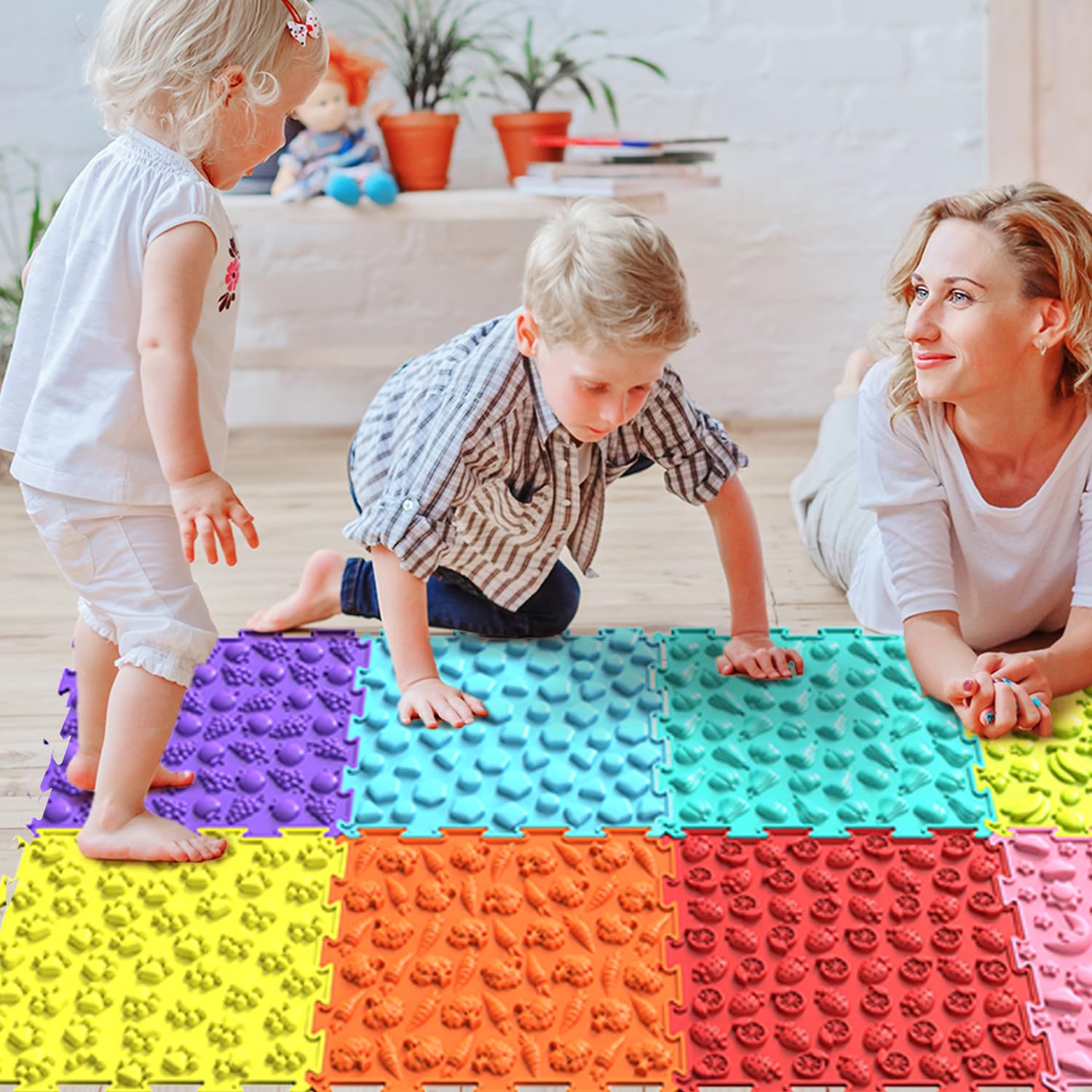 Sensorische Matten, Puzzle-Bodenmatte für Kinder, Sensorische Raumartikel, Verschiedene Muster und Farben, Silikonmassage, 8 Stück, 24,5 x 24,5 cm