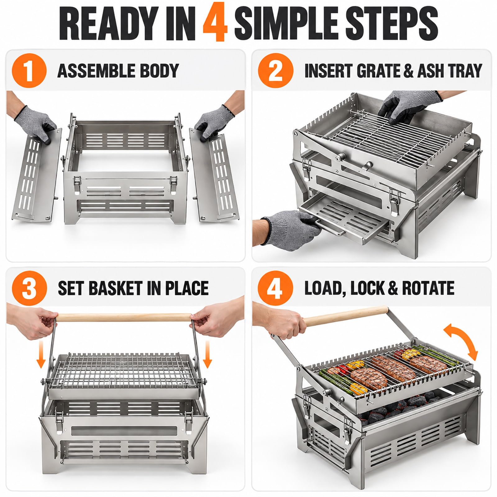Barbecue à Charbon Portable, INOX 304, Grille Rotative à 360°