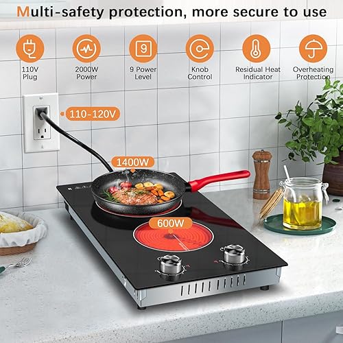 Miniatura 2 de Karinear Estufa eléctrica de 110 V, 2 quemadores, encimera de control de perilla de 12 pulgadas y estufa de cerámica integrada, 9 niveles de