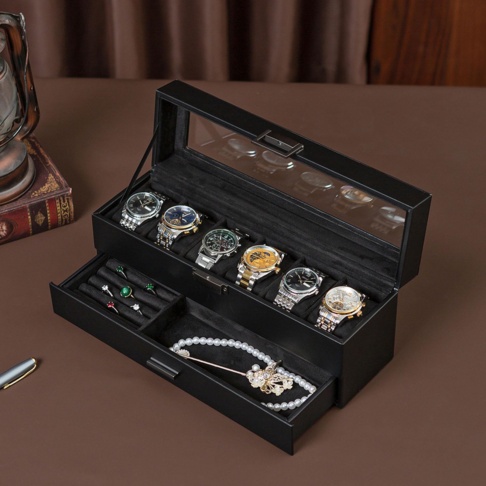 Estuche de almacenamiento de lujo de piel sintética con 6 ranuras y 2 capas para organizar tu colección ordenadamente organizadores de joyas, organizadores de relojes de piel sintética