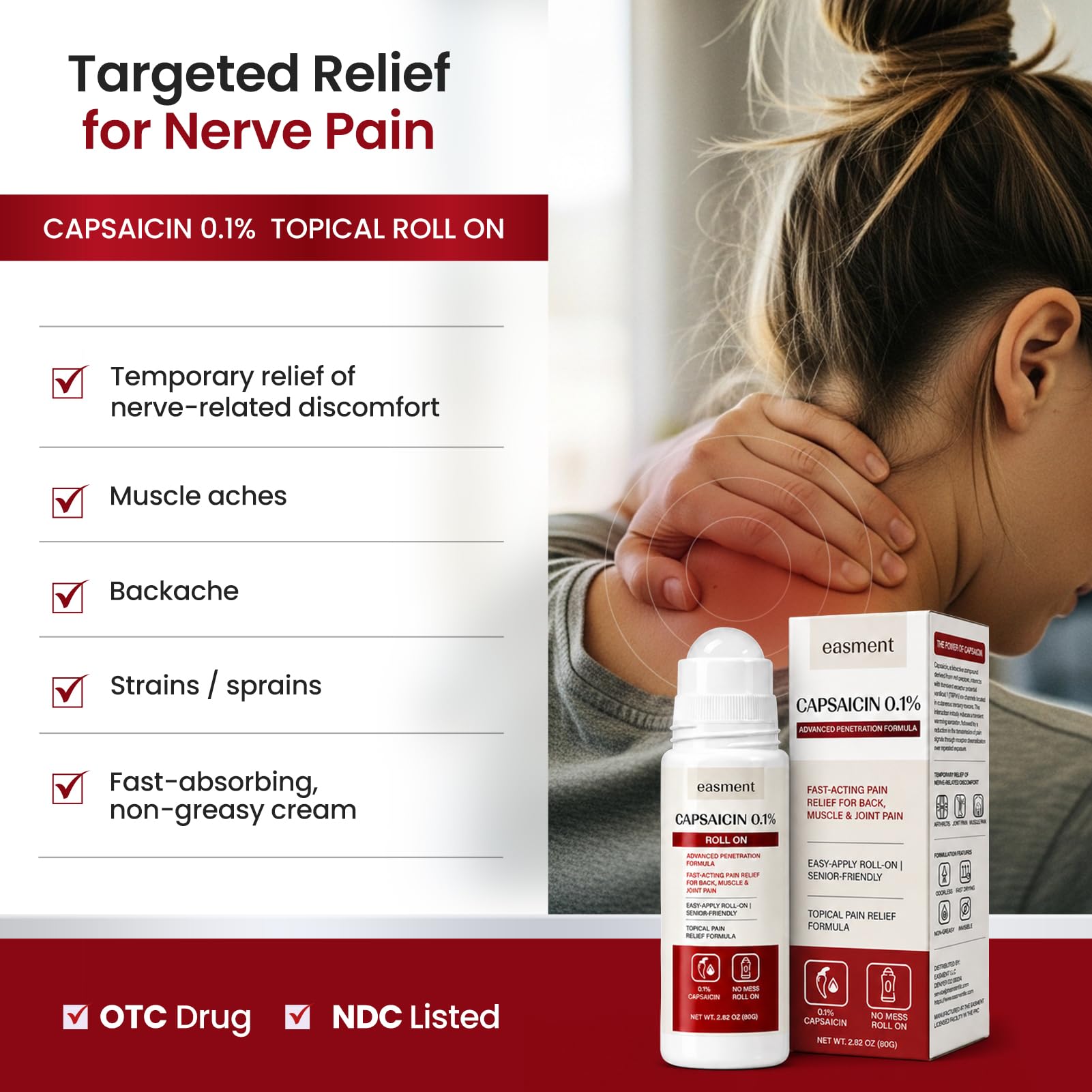 Capsaicin Roll On 0.1% for Muscle & Joint Pain Relief, Warming No-Mess Topical Cream Alternative for Back, Neck, Knee, Foot & Hand Aches, Fragrance Free, 2.82 fl oz — Amazon image 3