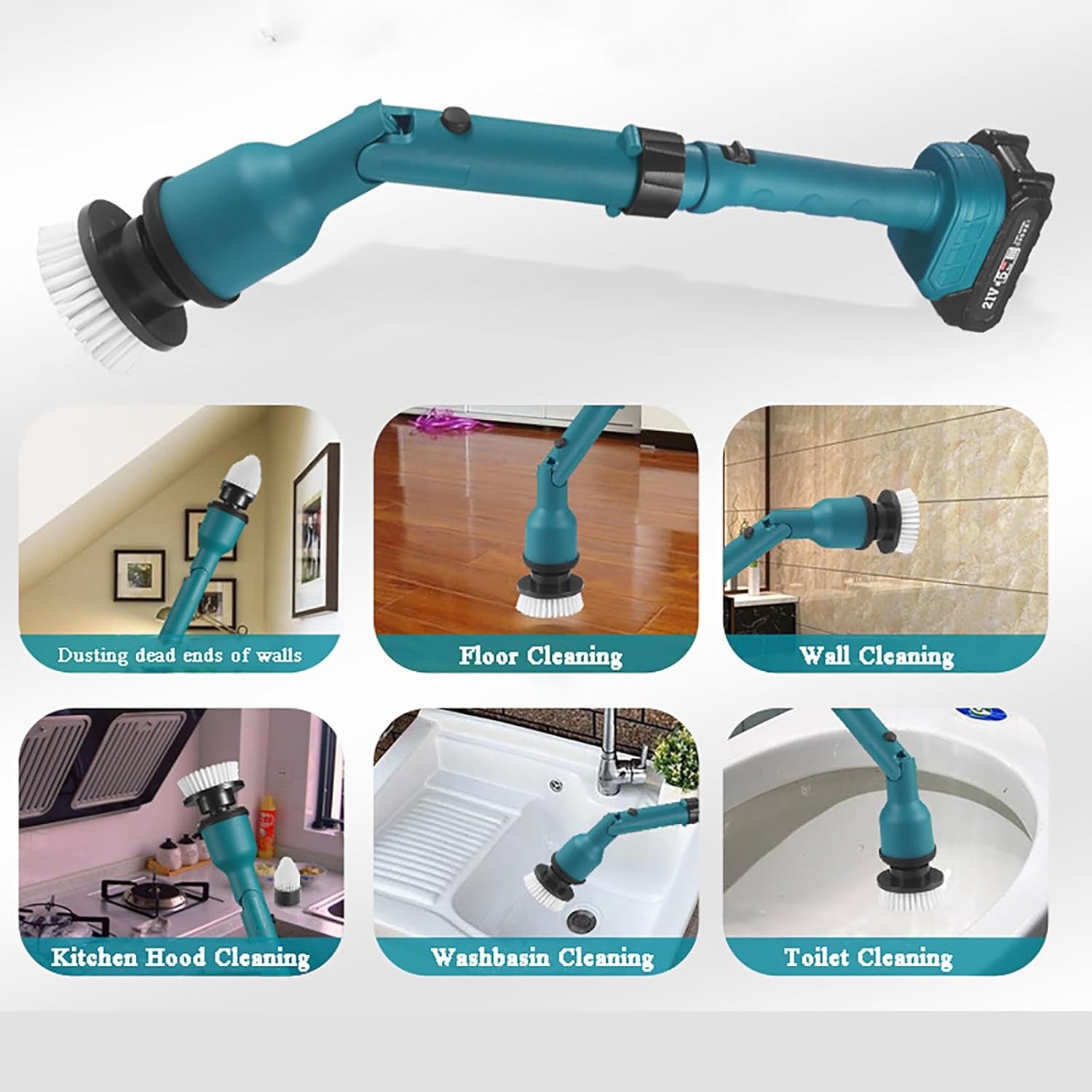 Cordless Electric Spin Scrubber, 21V 1500mah Replaceable Portable Handheld Scrubber With Long Handle and 8 Brush Heads, 21V Shower Cleaning Brush for Bathroom Floor Kitchen Window ( Color : 2 batterie