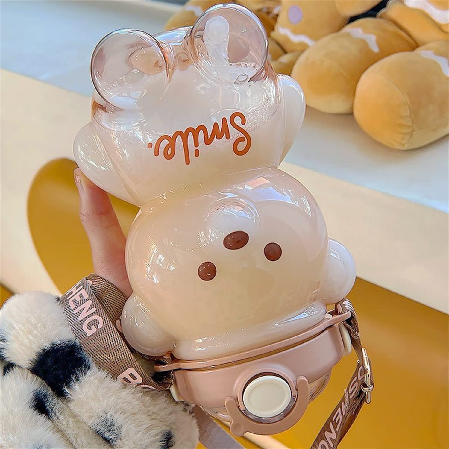 Bottiglia D'Acqua Kawaii Con Cannuccia E Tracolla - 1000 Ml / 1400 Ml, Orso Portatile, Supporto Per Telefono, Senza BPA