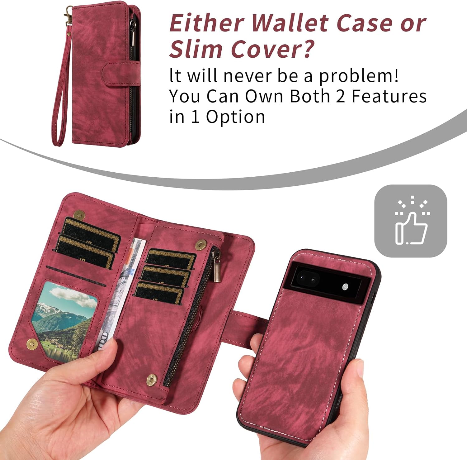 Asuwish Phone Case for Google Pixel 6A 5G 2022 Zipper Wallet Magnetic Cell Cover with Tempered Glass Screen Protector Crossbody Wrist Strap Flip Credit Card Holder Purse Pixel6A A6 Women Girls Red