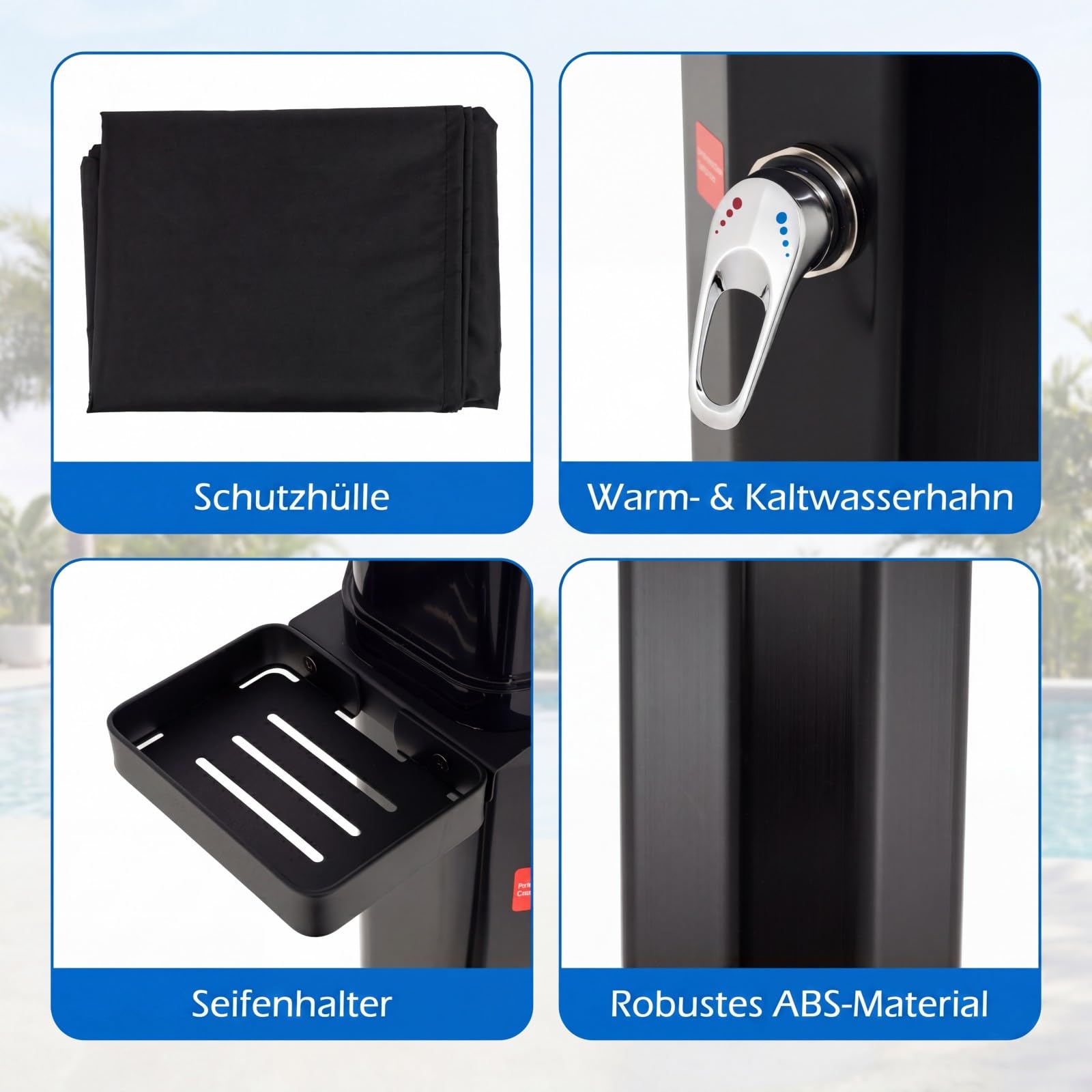 COSTWAY Solardusche 60L inkl. Abdeckung | Gartendusche mit Ablage, Regenduschkopf und Wasserhahn | warmes Wasser | max. 60°C | ohne Stromanschluss | Pooldusche Camping (Schwarz)