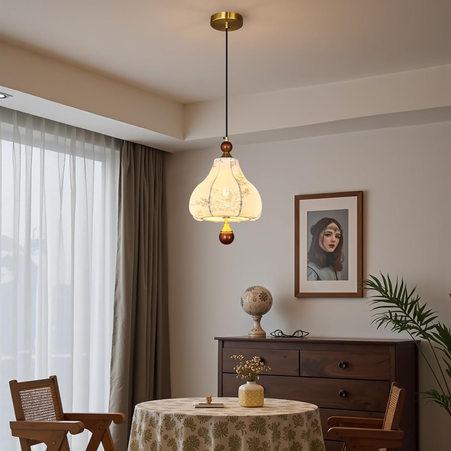 Fabric Pendant Light, Modern Wood Single Head Hanging Lamp, Brass Finished Adjustable Pendant Lighting Fixture,Vintage Chandelier for Bedside, Hallway, Bedroom, Kitchen Island, Restaurant
