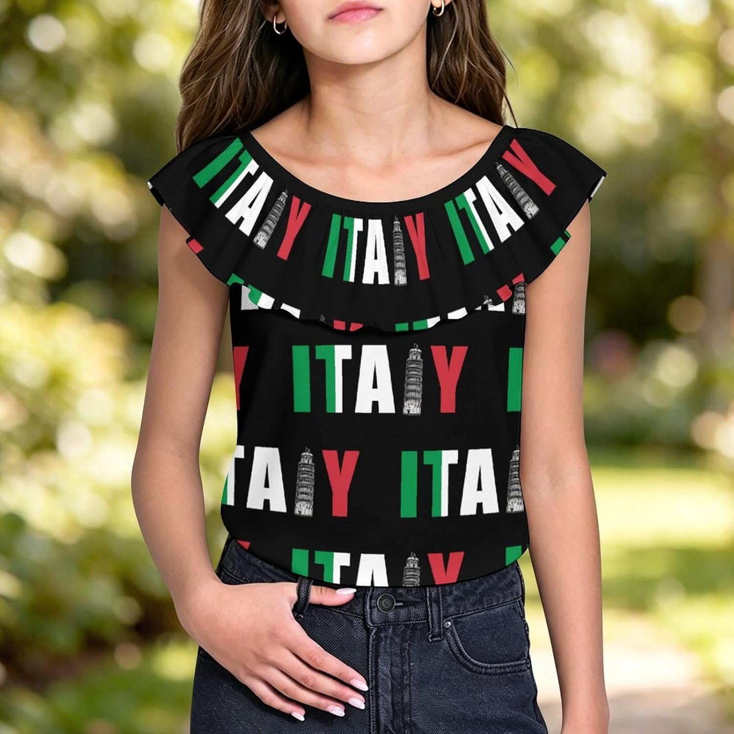 Italy Flag Italia Pisa Leaning Tower Girls T-Shirts Top Ruffle Short Sleeve Blouse Casual Graphic Tees