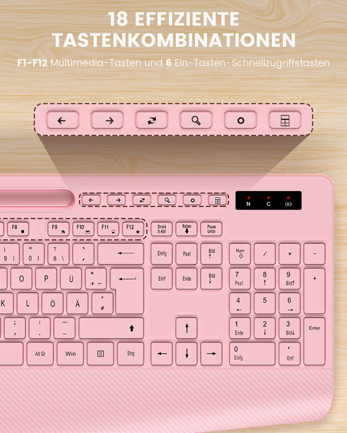 Juego de teclado y ratón inalámbrico, 2,4 G, sin latencia, juego ergonómico, reposamuñecas, soporte para teléfono, batería incluida, ratón silencioso y teclado para portátil, PC, Windows-rosa