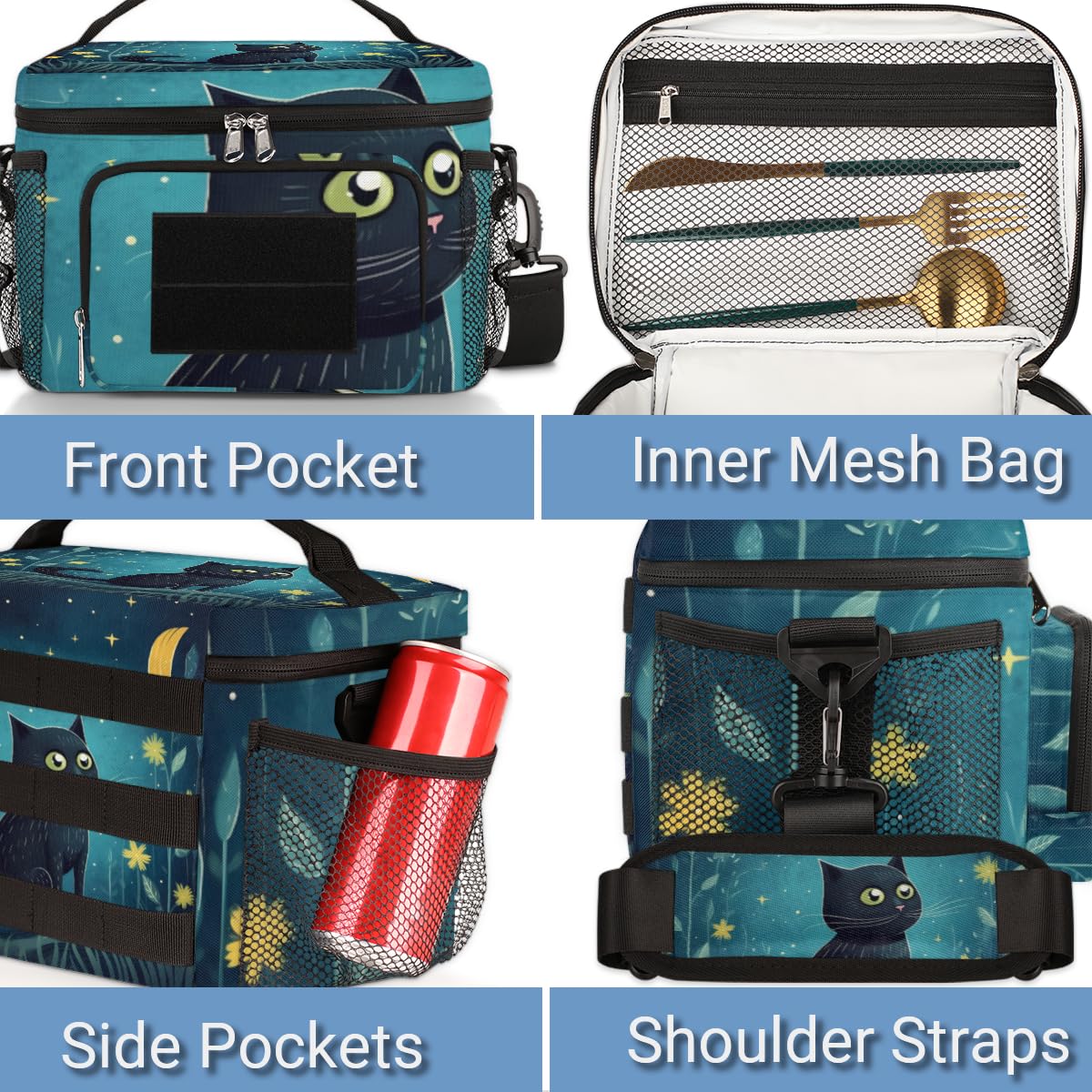 Bassyil Lonchera Con Diseño De Gato Negro, Reutilizable, Aislada, Bolsa De Almuerzo Térmica Con Correa De Hombro Ajustable Para Hombres Y Mujeres