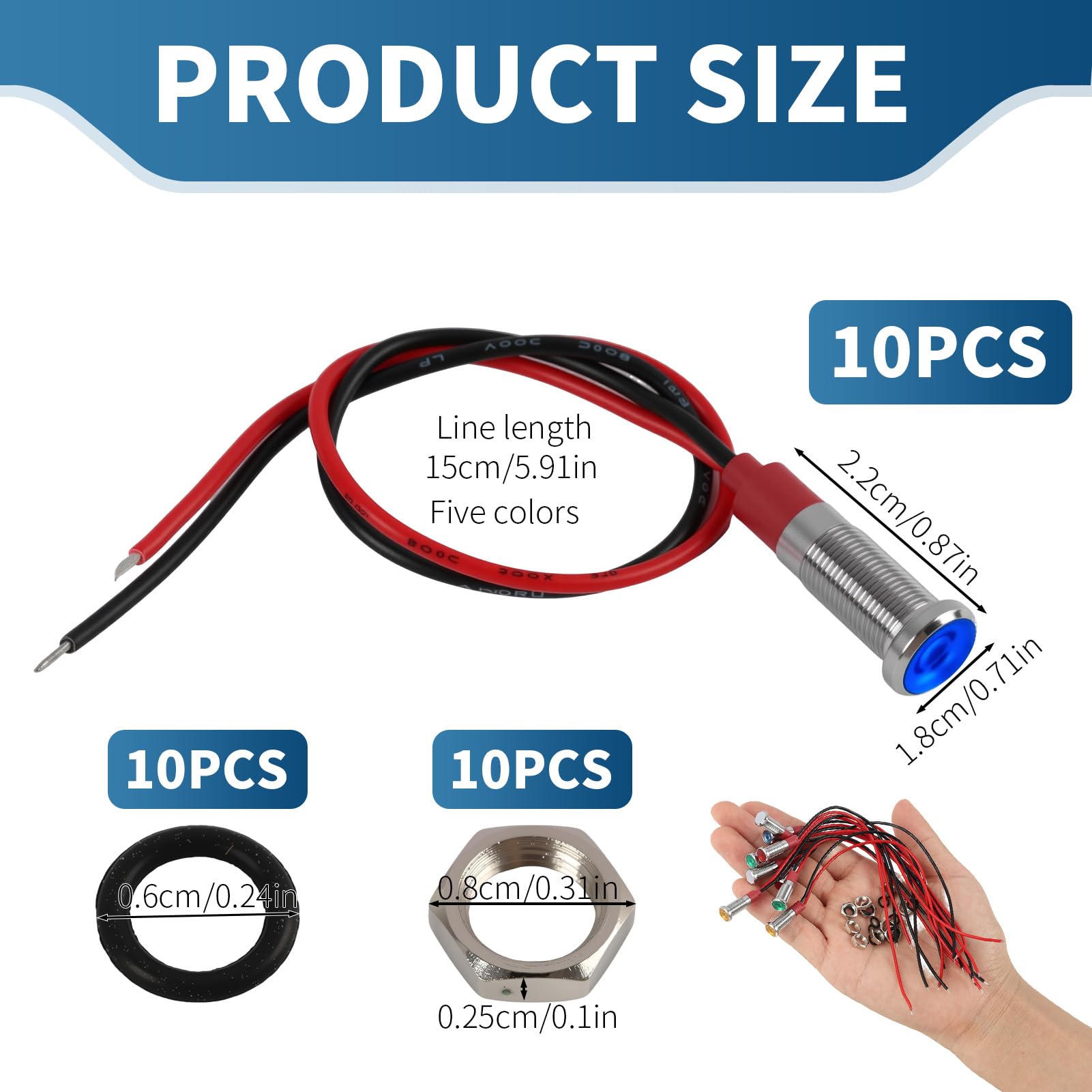 10 Stück LED-Kontrollleuchte 6 mm 12-24 V DC, Kontrollleuchte Metall-Panel, 1/4 Zoll, wasserdicht, Signalisierung, mehrfarbig, rot, gelb, blau, grün, weiß, für Auto, Motorrad, Boot, LKW, Steuerpult
