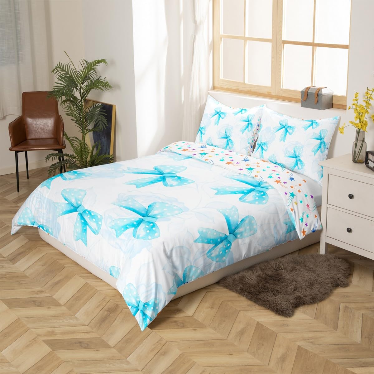 Homemissing Light Blue Bowknot Duvet Cover Set Single Size For Kids Girls Teens Bedroom Cute Coquette Bow Bedding Set Rose Bow Ribbon Comforter Cover with 1 Pillowcase - Image 3