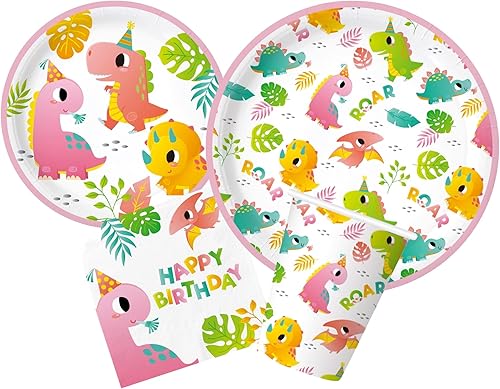 Miniatura 2 de Sirve 24 paquetes de fiesta de dinosaurios para niñas, incluye platos, vasos, servilletas, manteles de mesa, globos, velas, decoración de pastel,