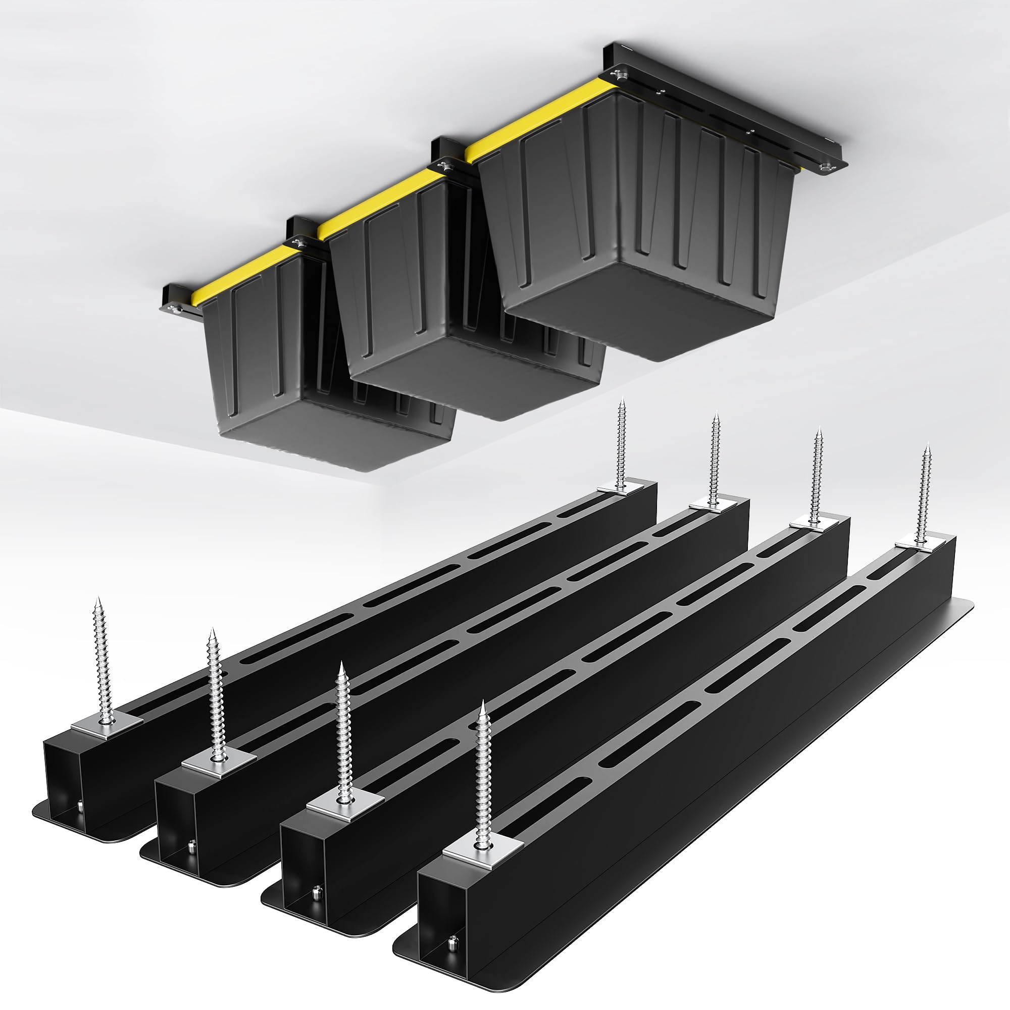 EVERHANGER Estante de almacenamiento de techo, estante de almacenamiento de garaje resistente, sistema de almacenamiento de contenedores de techo ajustable, 4 juegos para 3 contenedores, 26 pulgadas