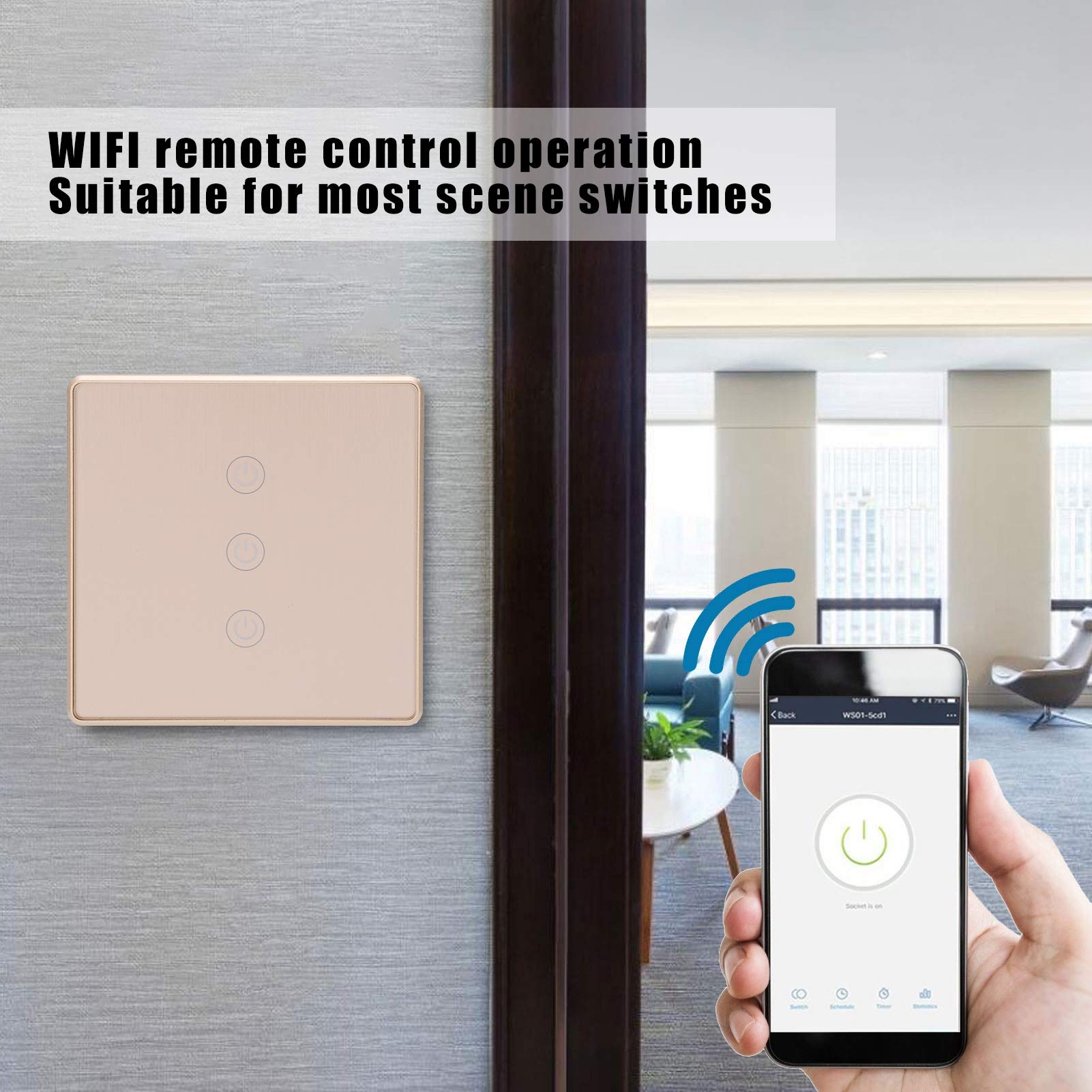Interruttore della luce intelligente Wi-Fi, interruttore della luce tattile intelligente a parete, interruttore tattile intelligente Telecomando wireless dorato Standard del Regno Unito 800 W 95‑240 V