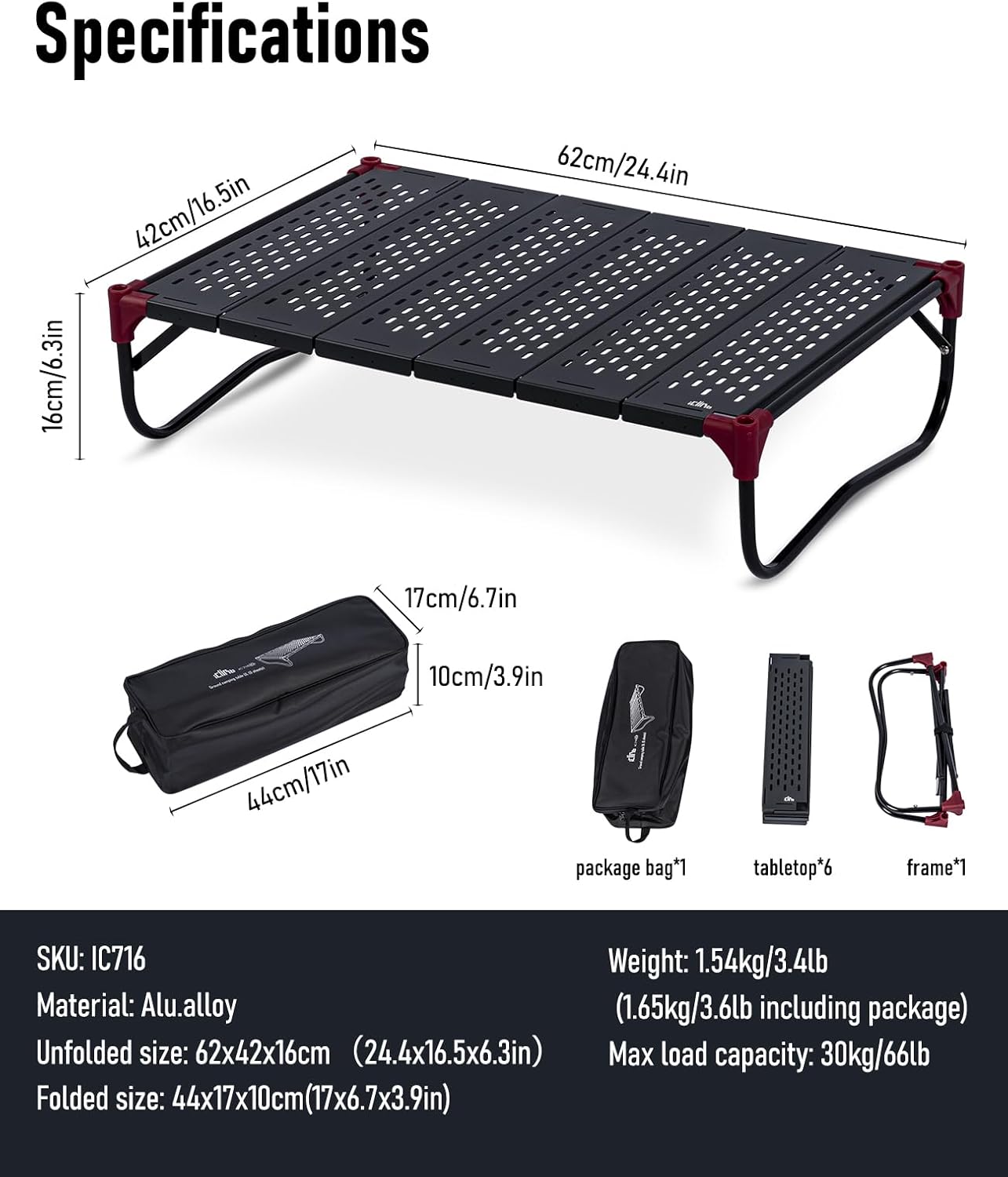 iClimb Extendable Folding Table Large Tabletop Area Ultralight Compact with Hollow Out Tabletop and Carry Bag for Camping Backpacking Beach Concert BBQ Party, Three Size (Black - XL, Low)