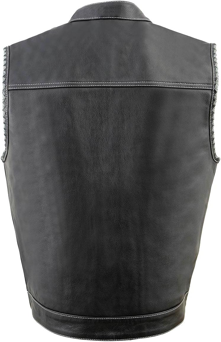 Milwaukee Leather MLM3507 Men's Old Glory Black Premium Leather Club Style Vest w/Grey Stitching Laced Armholes - Image 4