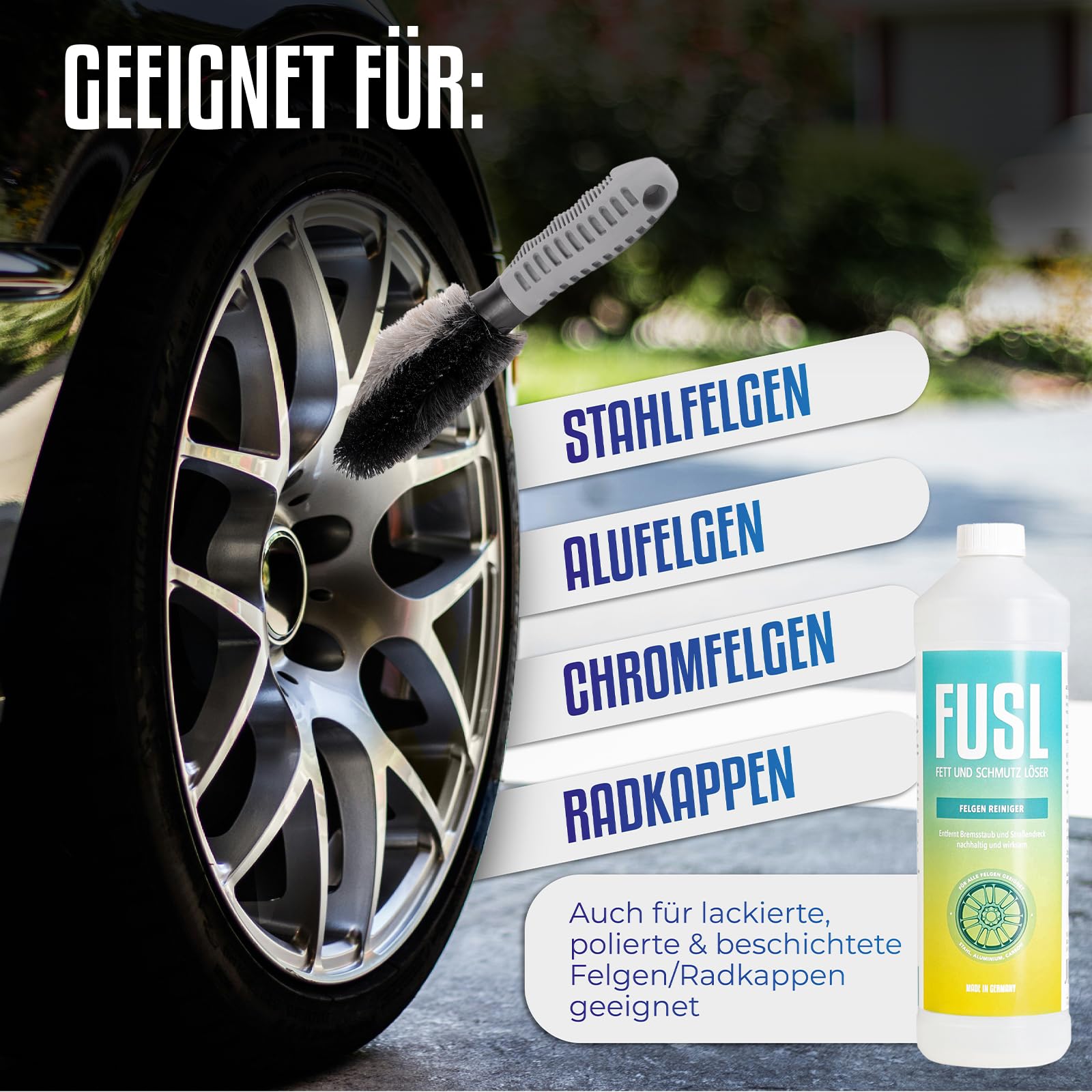 Felgenreiniger Set – Schaumkanone + 1L Felgenreiniger + Felgenbürste + Mikrofasertuch | Sanfte & effektive Felgenreinigung ohne aggressive Chemie | Für Auto, Motorrad & LKW