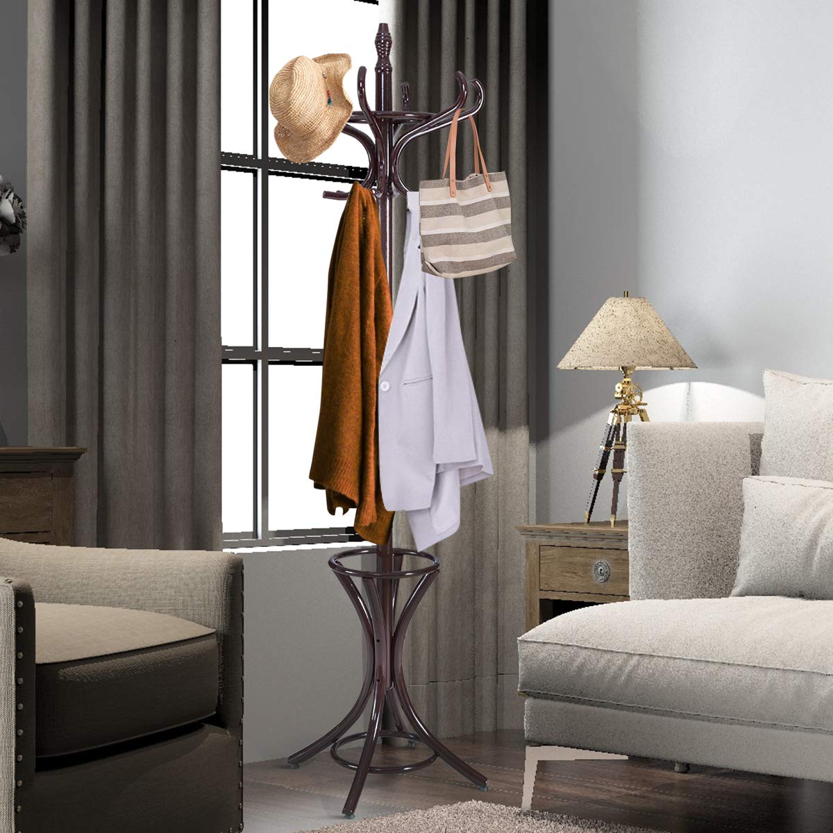 GYMAX Appendiabiti da Terra in Legno, Attaccapanni da Terra con Portaombrelli e 12 Ganci, Appendiabiti 184 cm per Ingresso, Camera da Letto, Soggiorno (Marrone rossiccio)