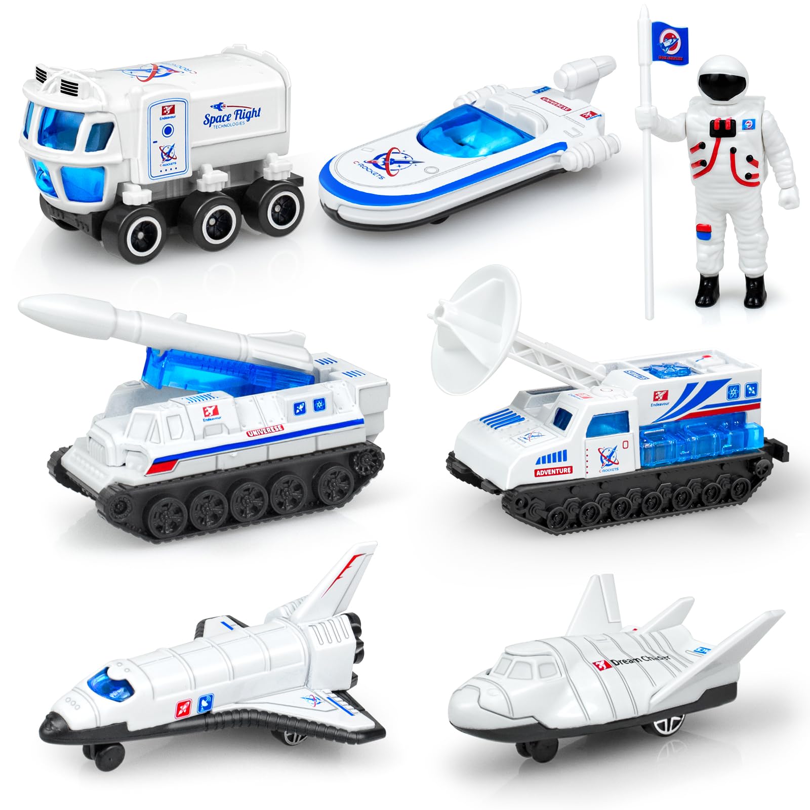 Tcvents Diecast Space Toys Car for Kids 3 4 5 6-9, 7 Pack Rocket Ship, Explorer, Space Shuttle Planet Toy with Astronaut Figure Spaceship Rocket Playset for Boys Girls Birthday Gift โ image 1