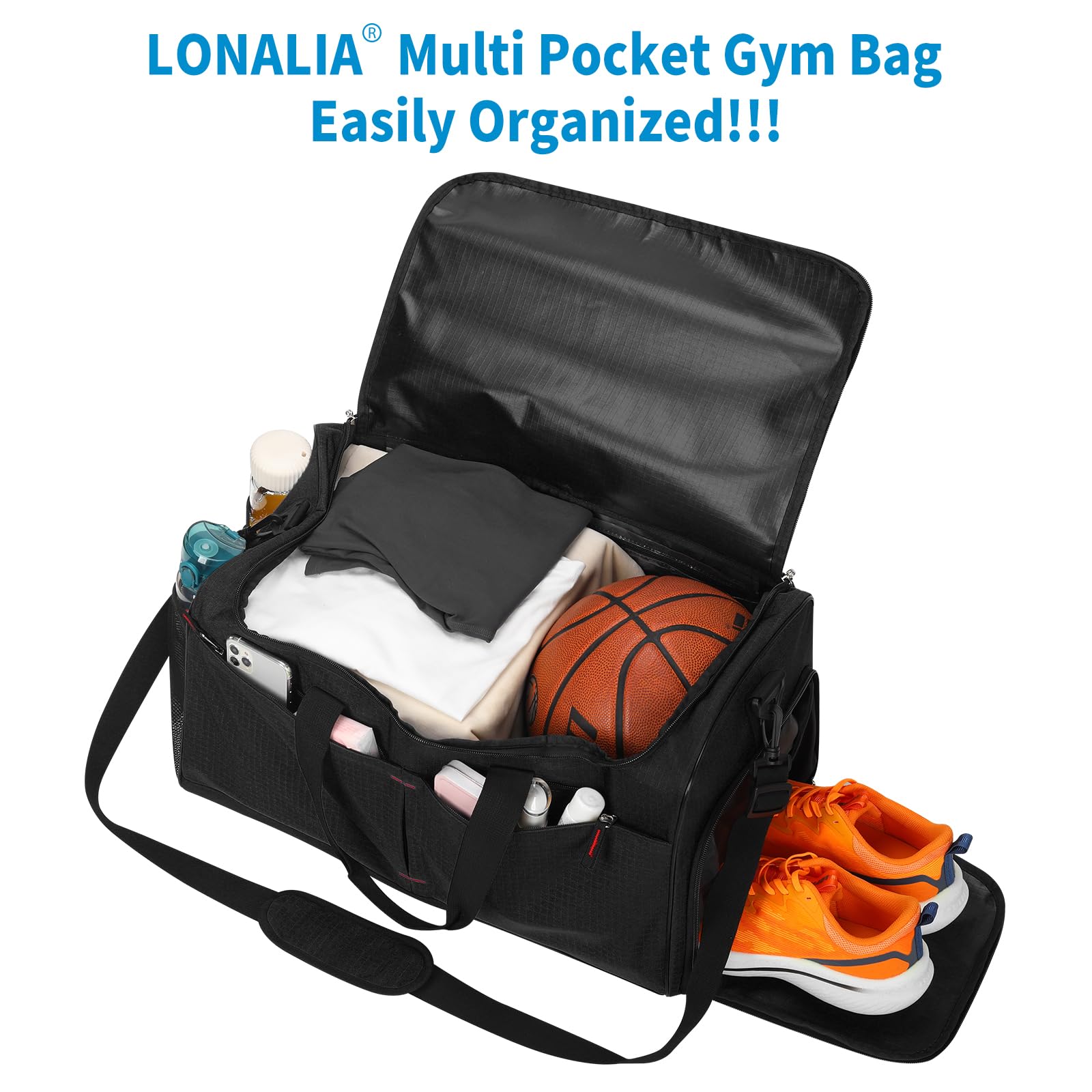 55 l torba sportowa i torba podróżna dla mężczyzn, duża, czarny, Sporttasche 21 Zoll, LONALIA 55 l torba sportowa torba podróżna z kieszenią na buty