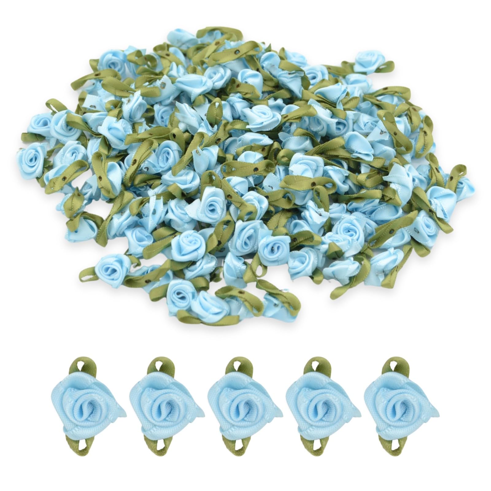 celloexpress 15mm Sky Blue #08 Satin Ribbon Roses with Green Leaves - Small Flower Buds - Crafts, Embellishments (Pack of 50)