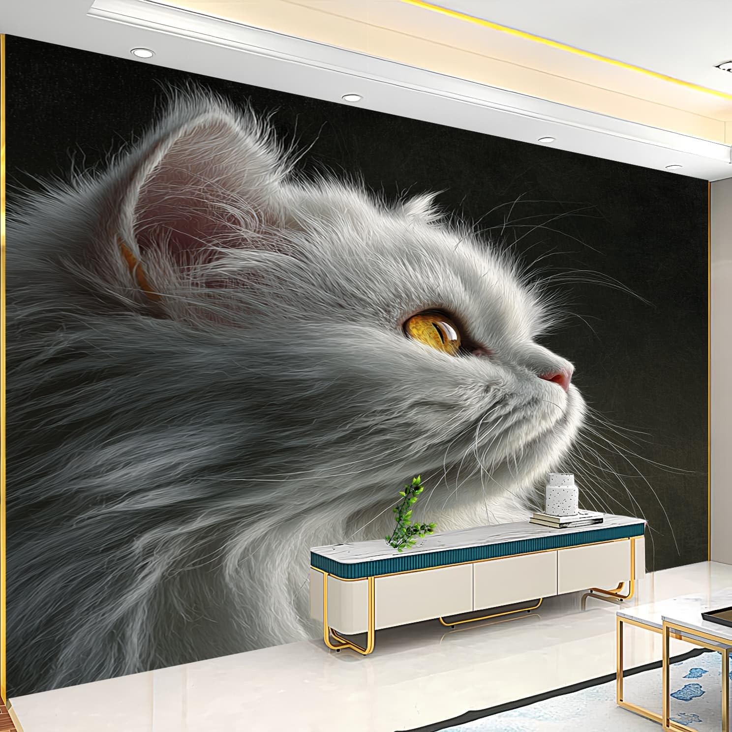 HD drukowany duży mural ścienny 350 x 258 cm zwierzę perski kot zbliżenie bez szwów łączenie fototapety, odklej i przyklej, nienakładające się szare, zdejmowane wodoodporne naklejki ścienne bez