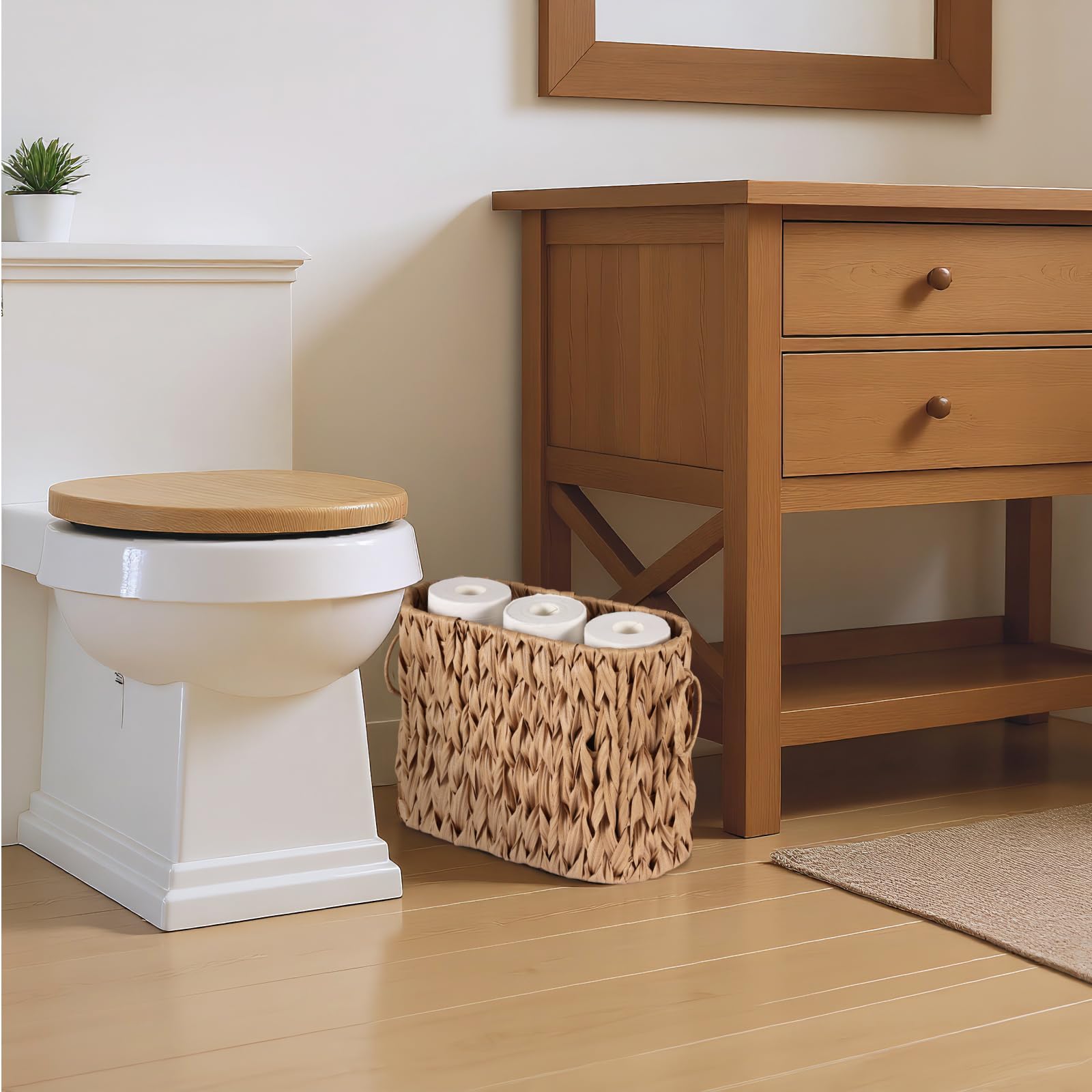Cesta de almacenamiento de papel higiénico trenzada, contenedor de papel higiénico, organizador de baño, cesta de almacenamiento, revistas y periódicos, color marrón claro