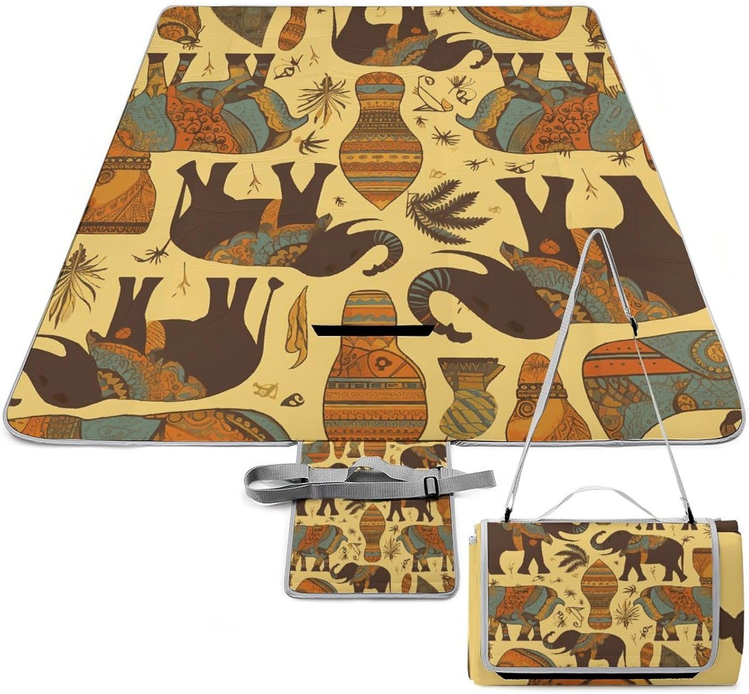 Africa Elephant Waterproof Picnic Blanket 58.3''x58.3'',Portable and Foldable Picnic Mat with Handle,Outdoor Blankets for Lawn Park Beach Travel