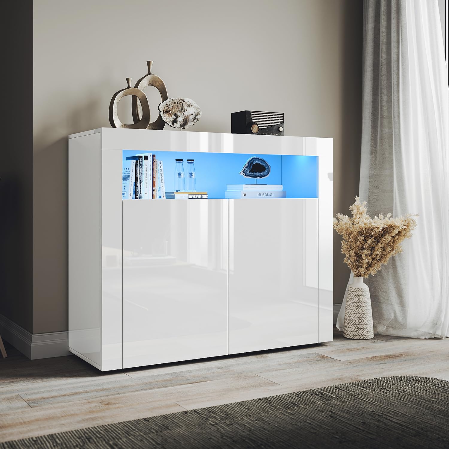ELEGANT 2-Door Sideboard with LED Lights, High Gloss Lighted Display Cabinet with Open Compartment for Living Room & Bedroom, W1080×D400×H920mm
