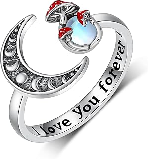 Moon Mushroom Ring for Women,925 Sterling Silver Magical Red Mushroom Rings Moon Phase Open Rings,Anniversary Birthday Gifts for Women Teen Mom