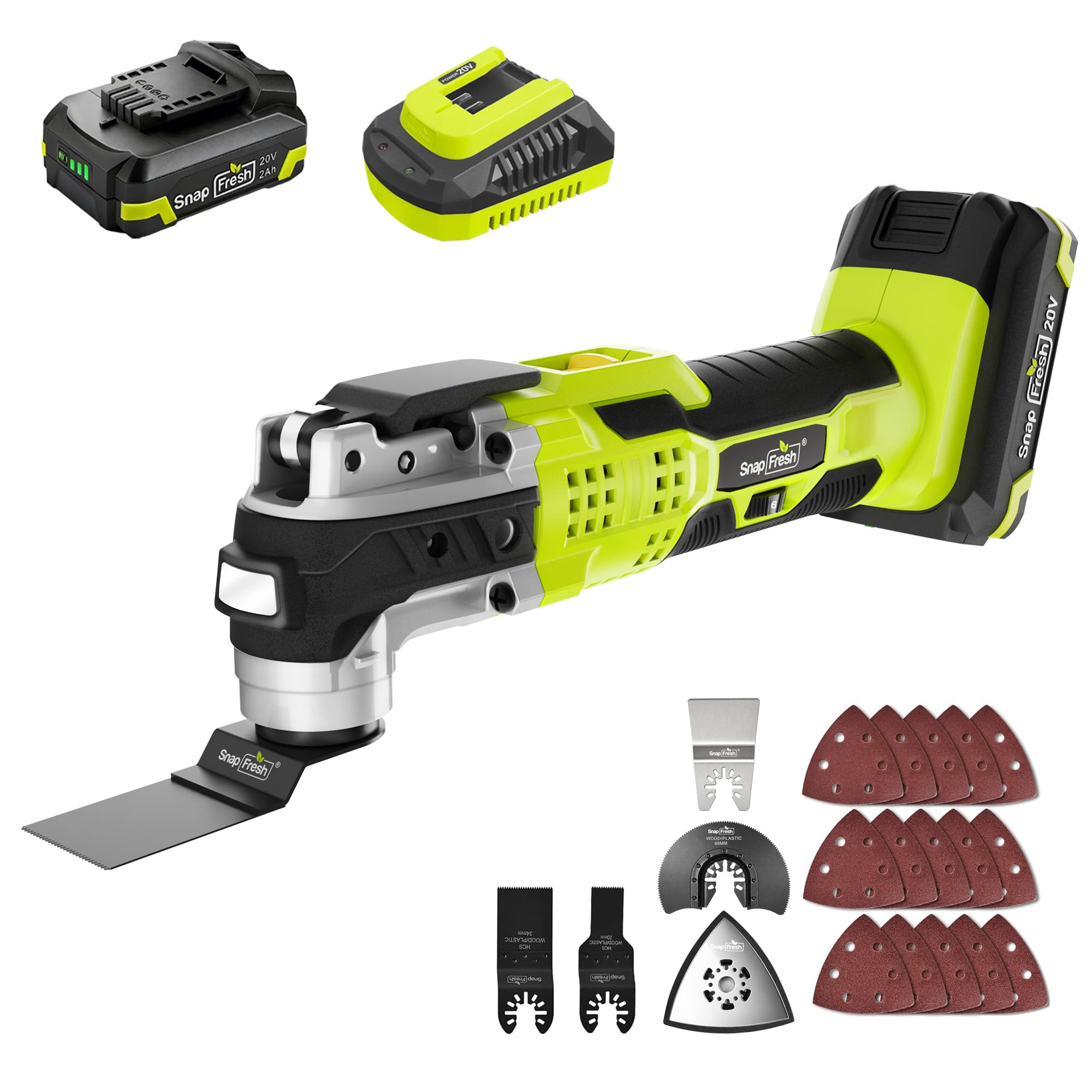 SnapFresh Herramienta Multifunción Oscilante Sin Cable 20V, 6 Velocidades Ajustables, Batería 2,0 Ah y Cargador Rápido, Ángulo de Oscilación 3,2°, 20 Accesorios para Corte, Lijado y Raspado